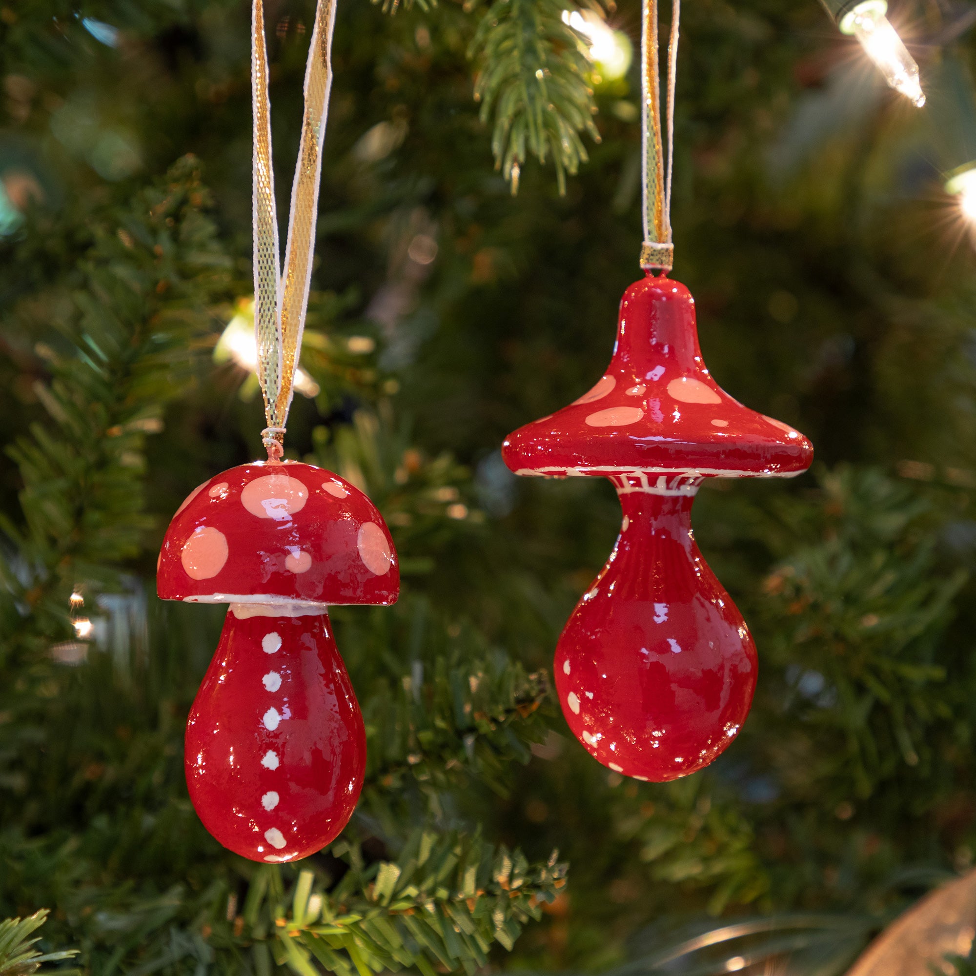 Premium Hand-Painted Mushroom Ornaments - Whimsical Christmas Set of 2