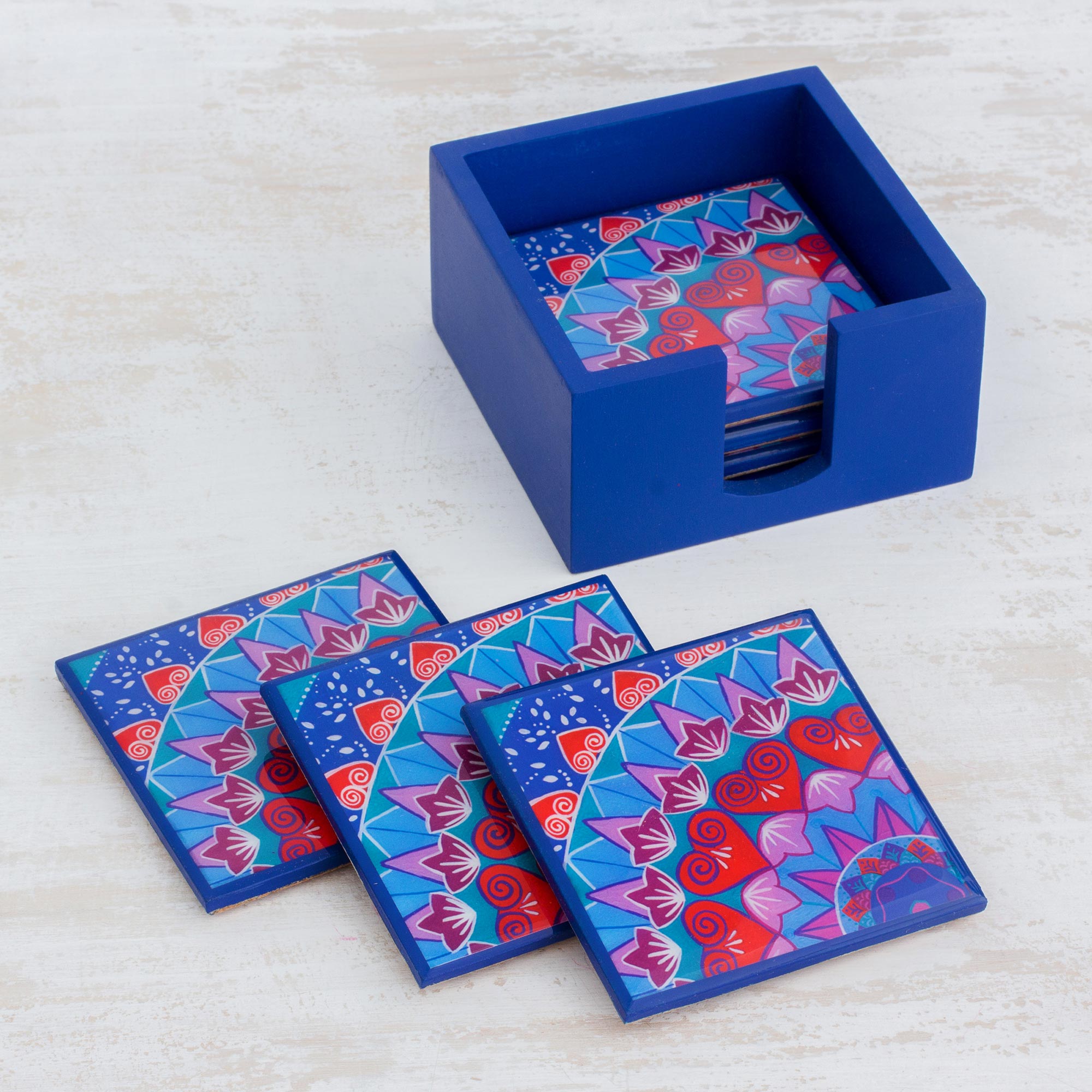Premium Blue Delight Wood Coaster Set - Handcrafted in Costa Rica
