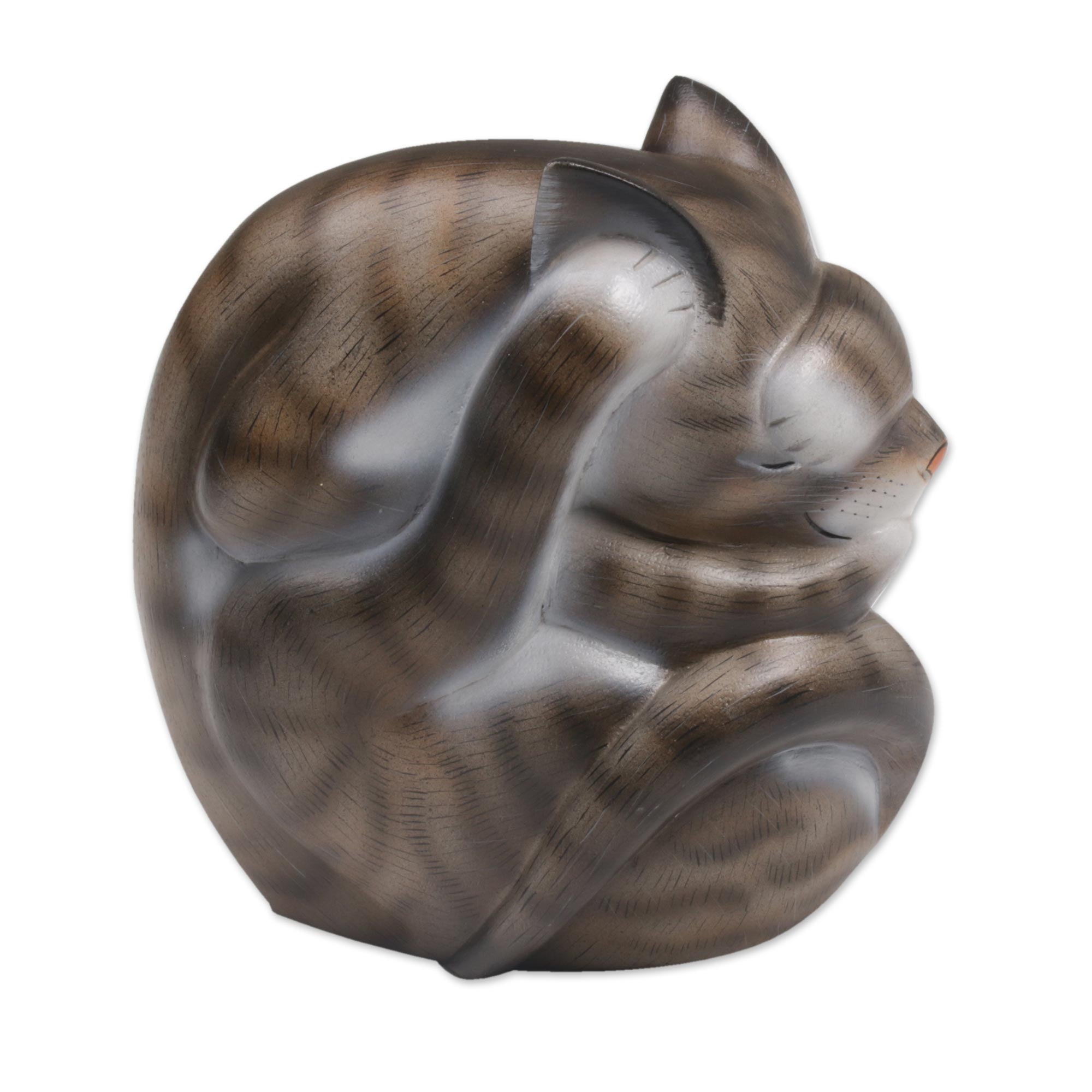 Premium Hand-Carved Bali Cat Sculpture - Grey & White Suar Wood Art