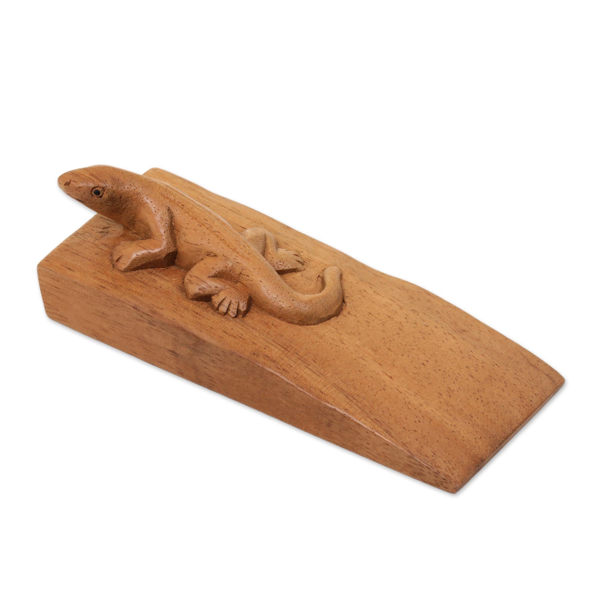 Premium Hand-Carved Suar Wood Gecko Door Stopper - Natural Brown Finish