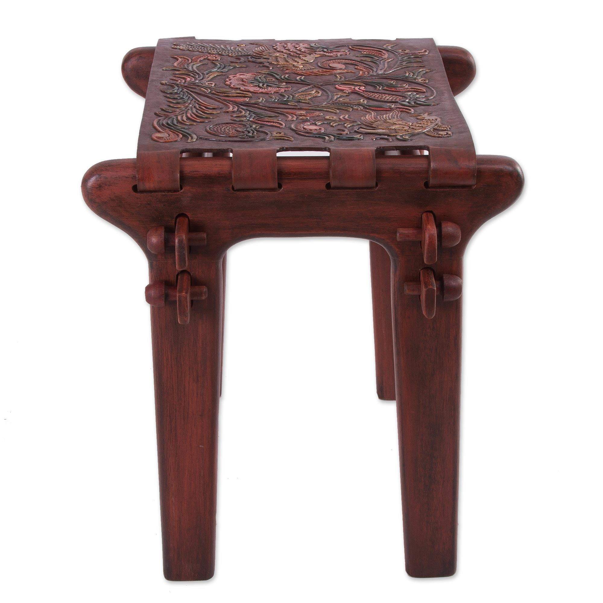 Premium Andean Paradise Leather & Wood Stool with Handcrafted Floral Embossing