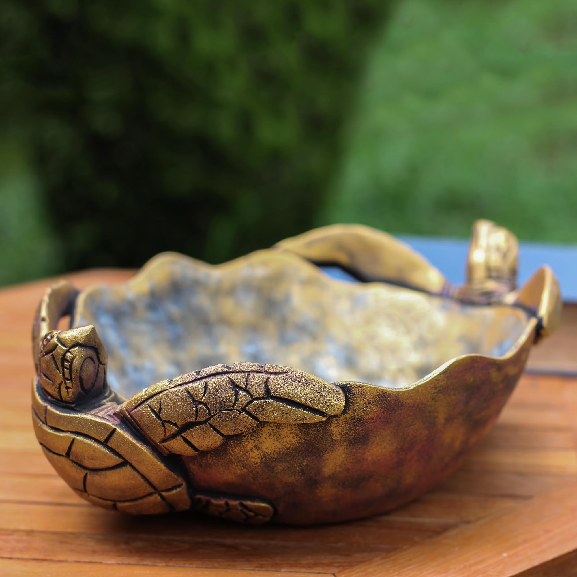 Premium Hand-Carved Sea Turtle Twins Wooden Centerpiece - Antique Gilded Finish