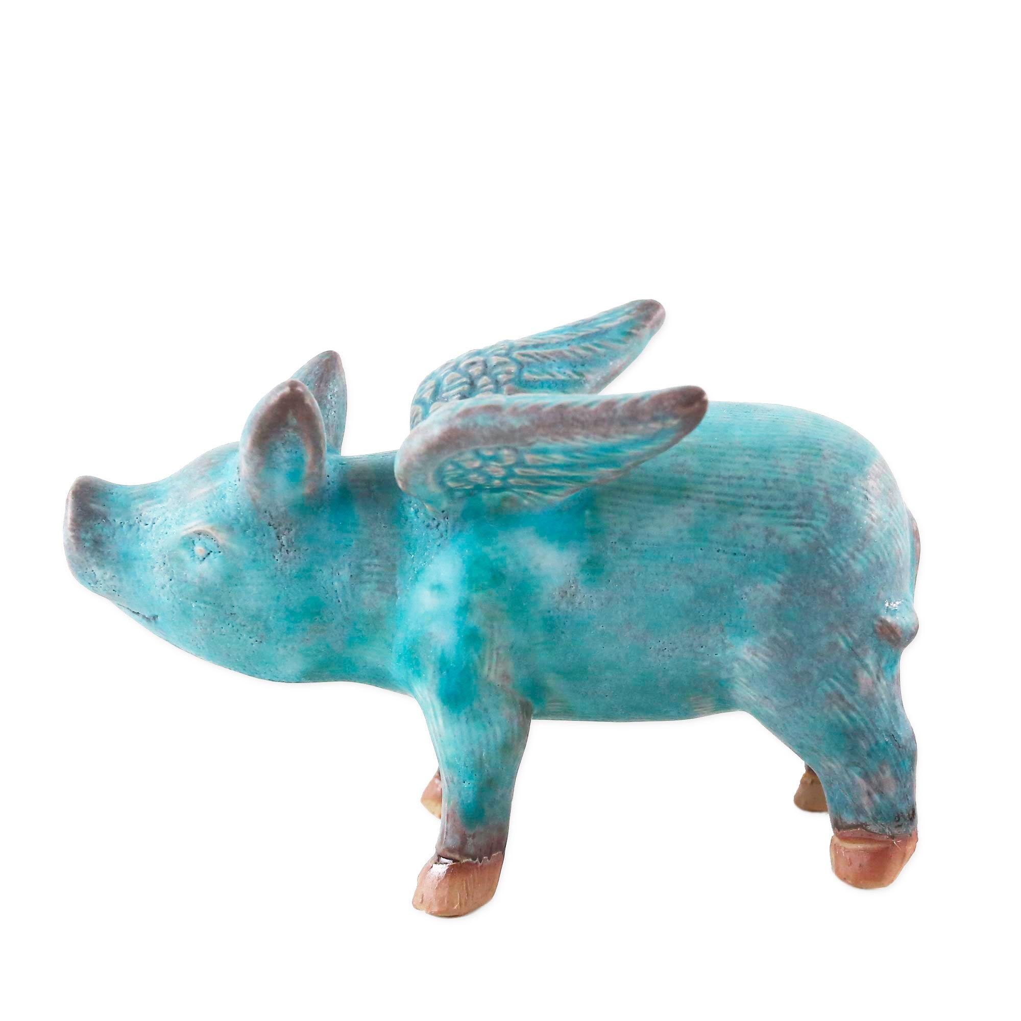 Premium Blue Flying Pig Ceramic Sculpture - Handcrafted Artisan Decor