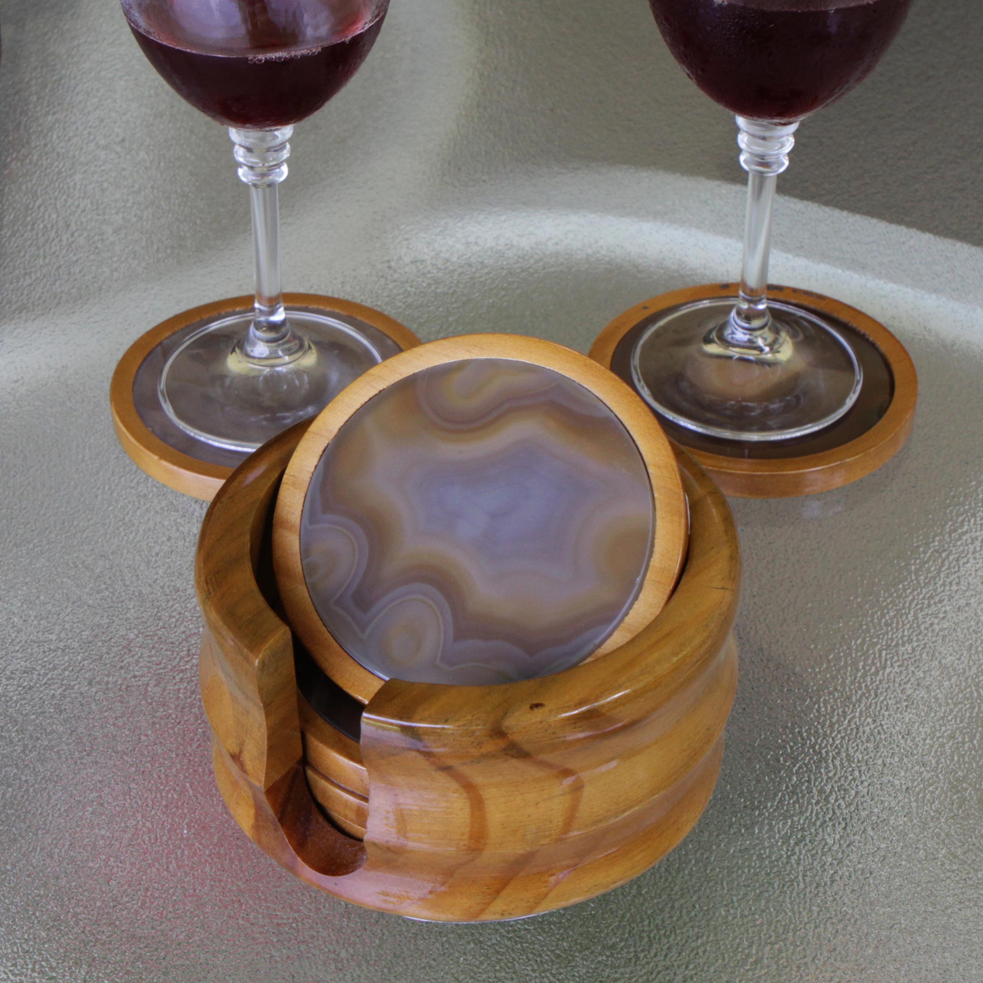 Premium Burning Mist Cedar Wood & Agate Coasters Set - Handmade Elegance
