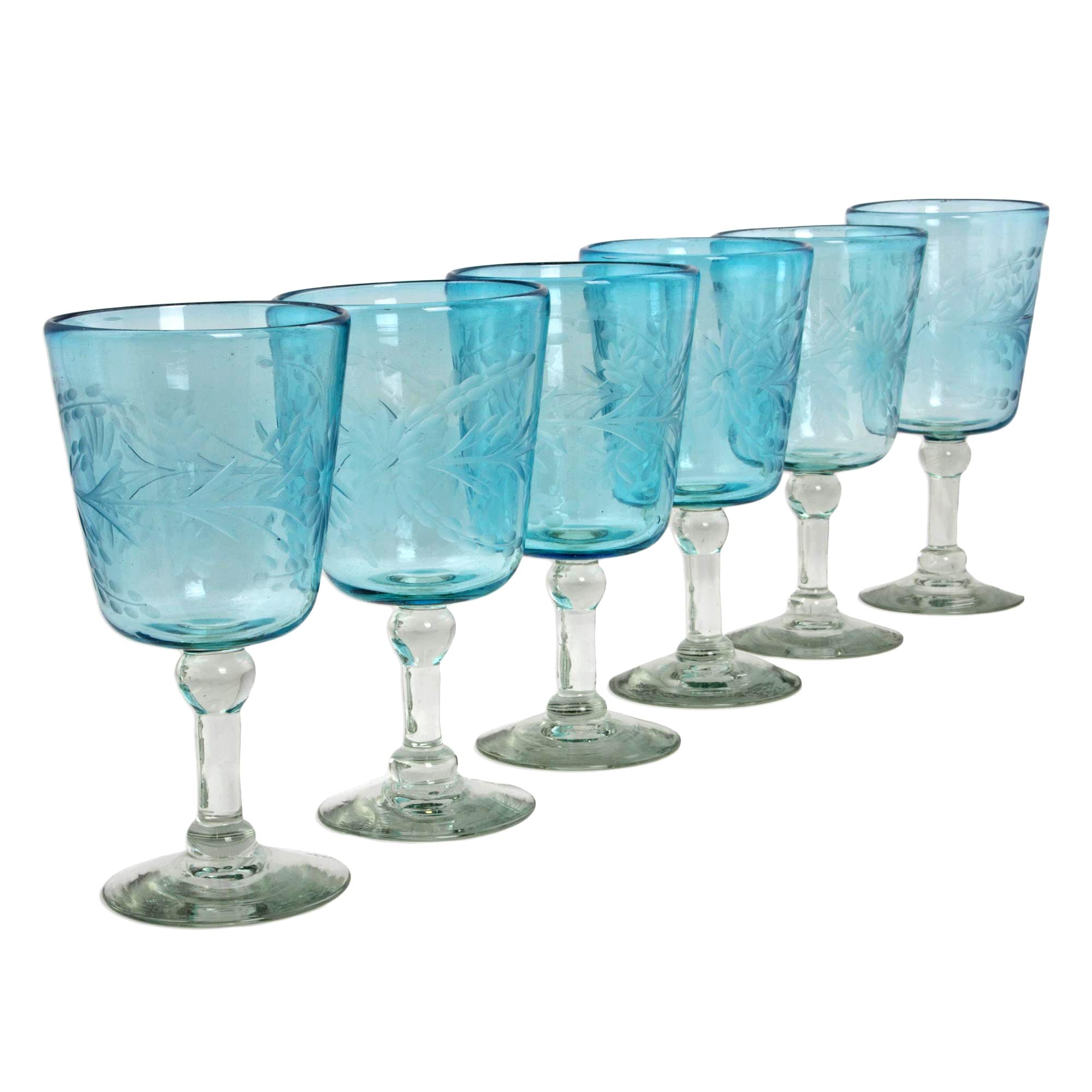 Premium Aquamarine Sunflower Hand-Blown Wine Glasses Set of 6 - Unique Artisan Craftsmanship