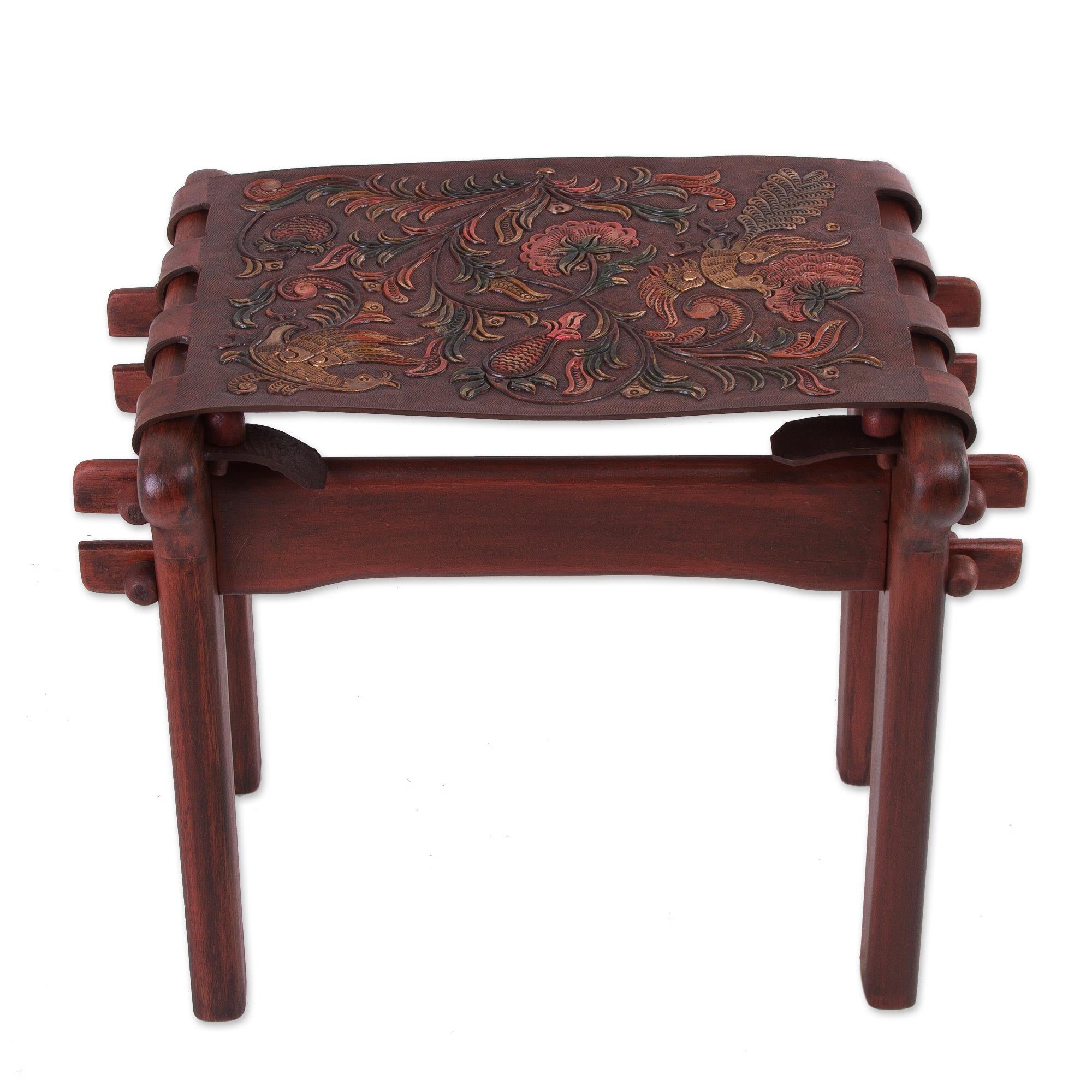 Premium Andean Paradise Leather & Wood Stool with Handcrafted Floral Embossing