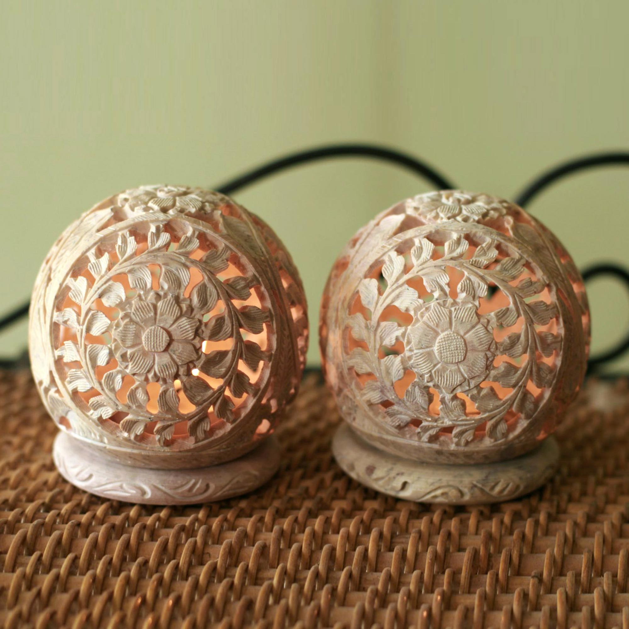 Premium Hand-Carved Soapstone Candle Holders - World is a Flower Design (Pair)