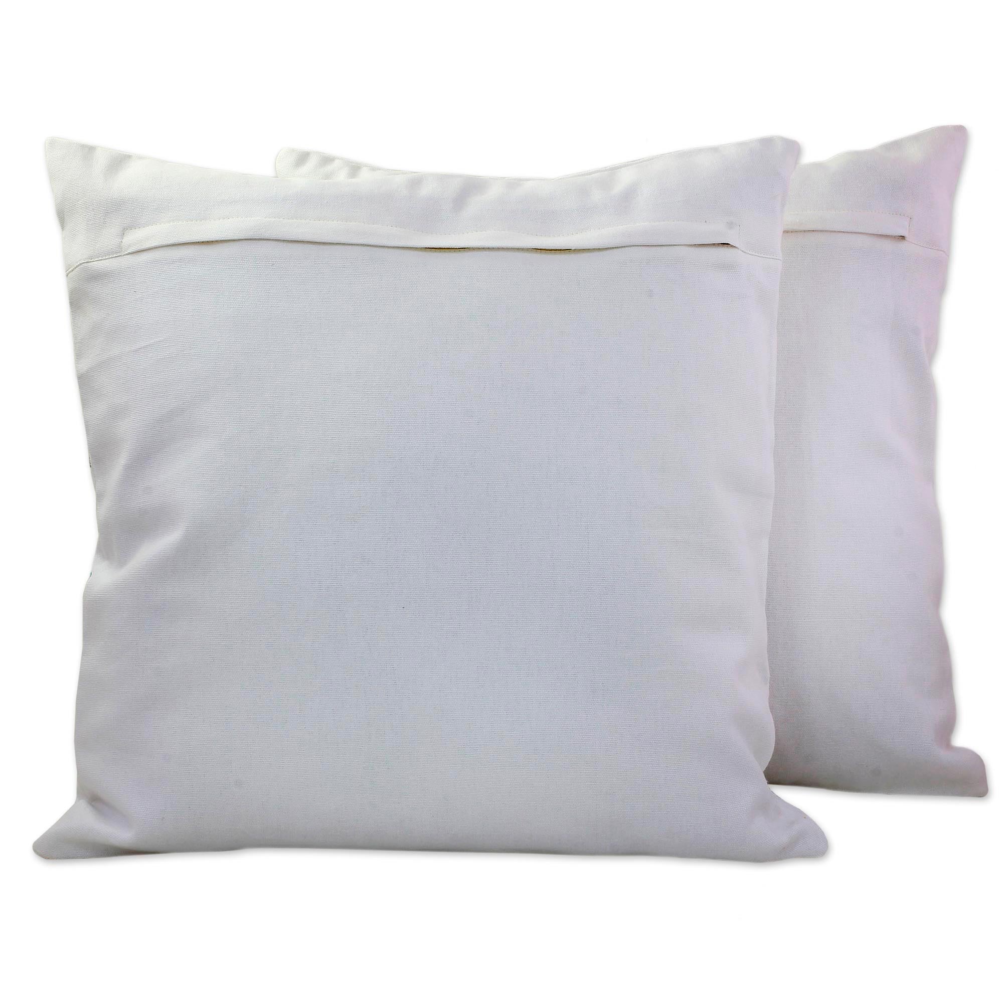 Premium Handcrafted Cotton Cushion Covers with Embroidered Fresh Leaves Design (Pair)