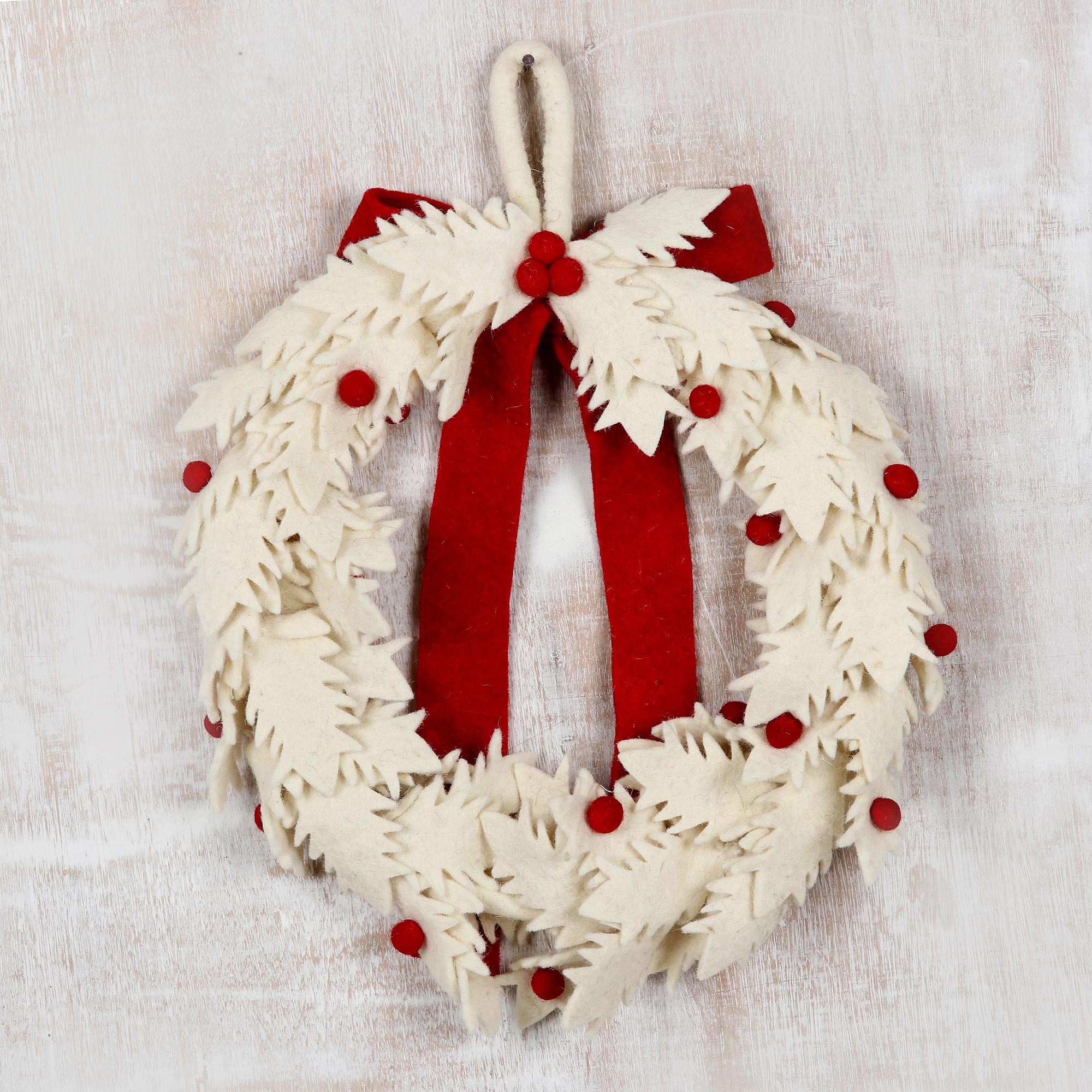 Premium Handcrafted Ivory Wool Christmas Wreath with Red Pom Poms