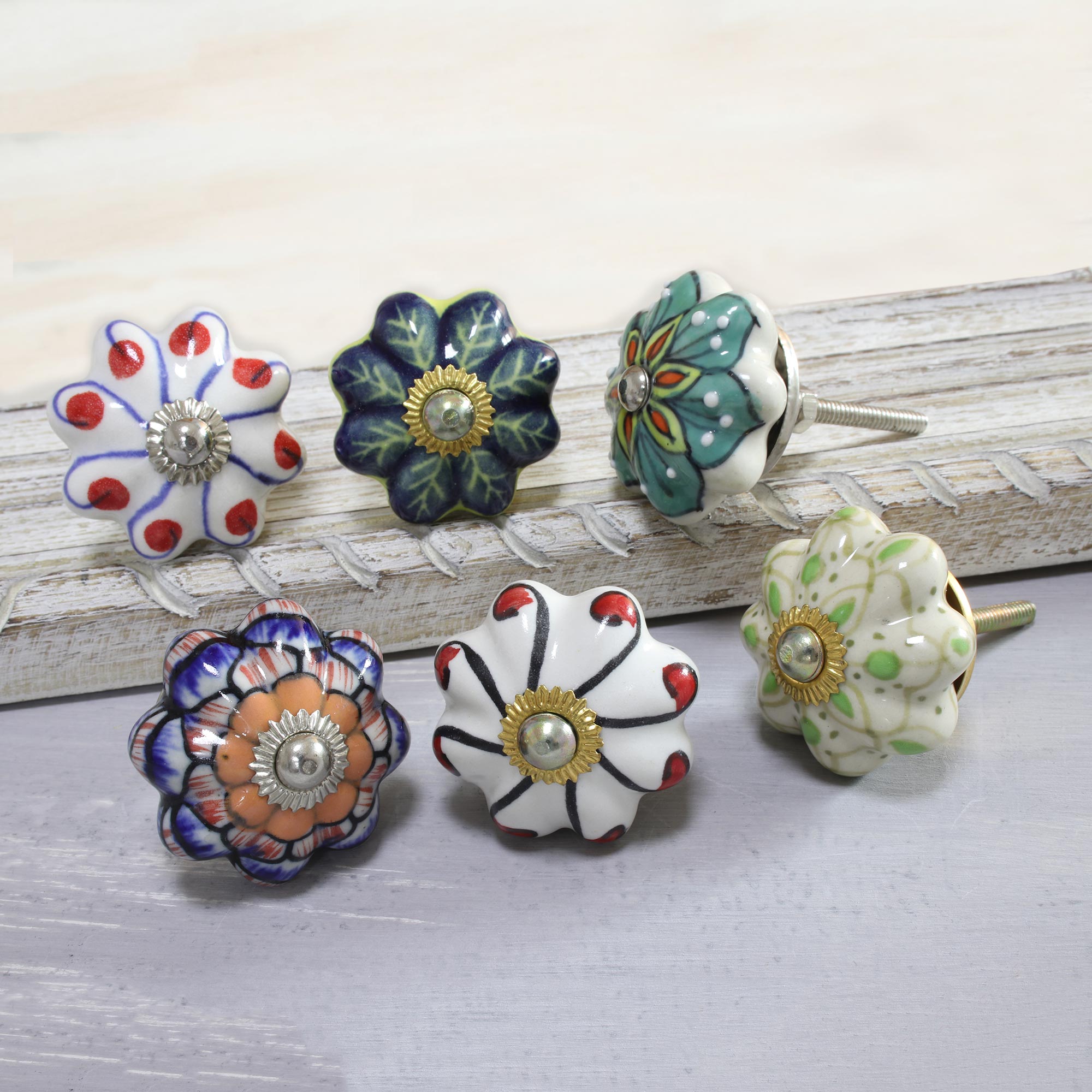 Premium Floral Ceramic Knobs Set - Handcrafted in India (Set of 6)