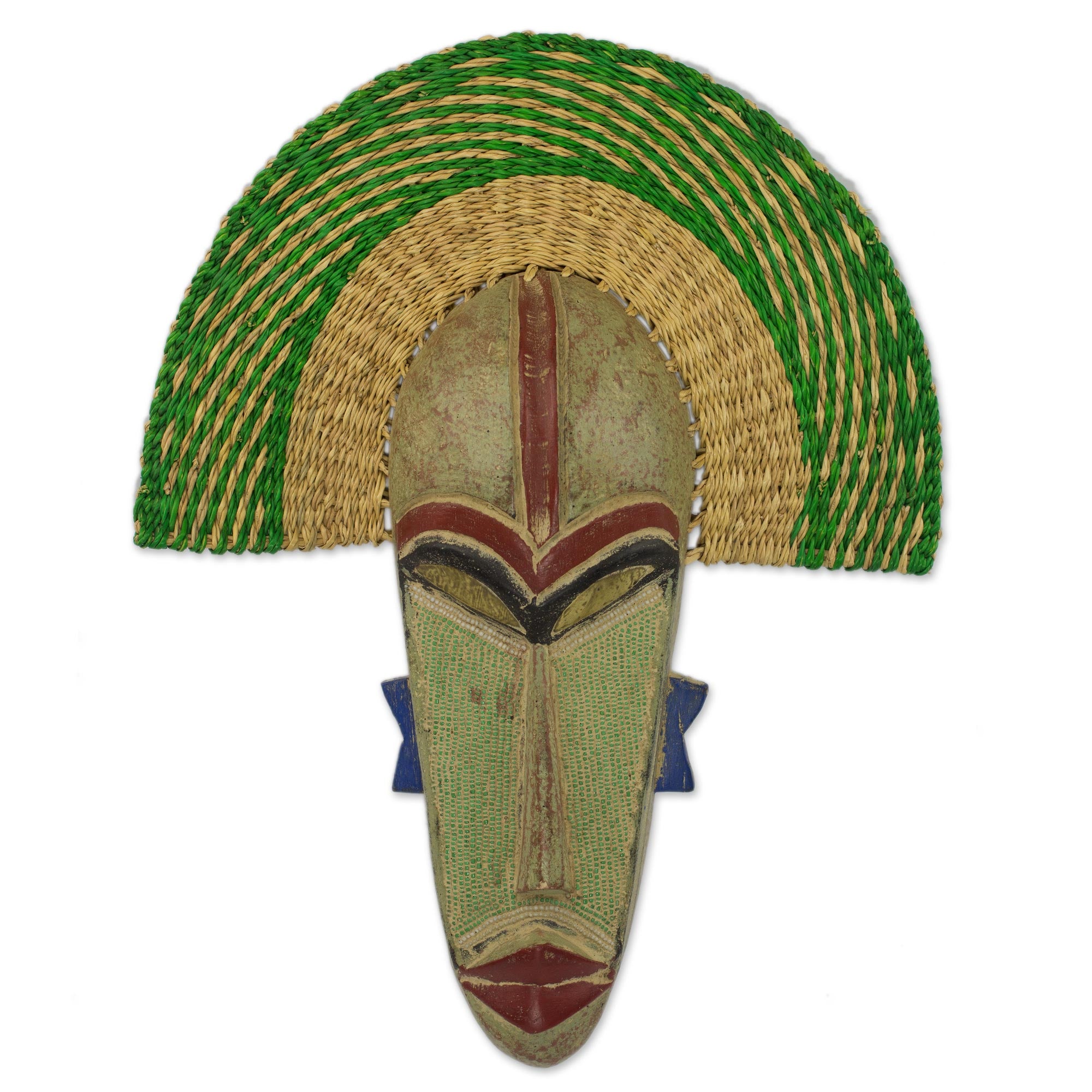 Premium Handmade African Prosperity Mask - Akuwuezuika Design with Wood & Raffia