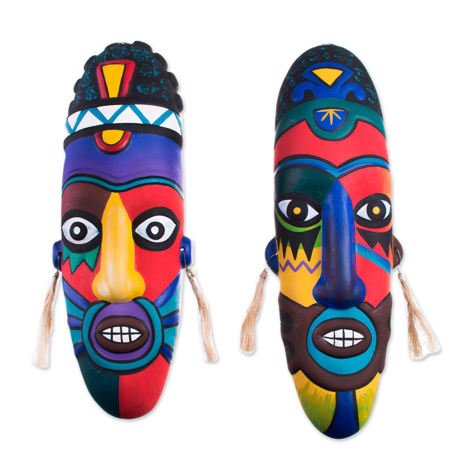 Premium Handcrafted Ceramic Folk Art Masks - Ancient Peruvian Culture Inspired (Pair)