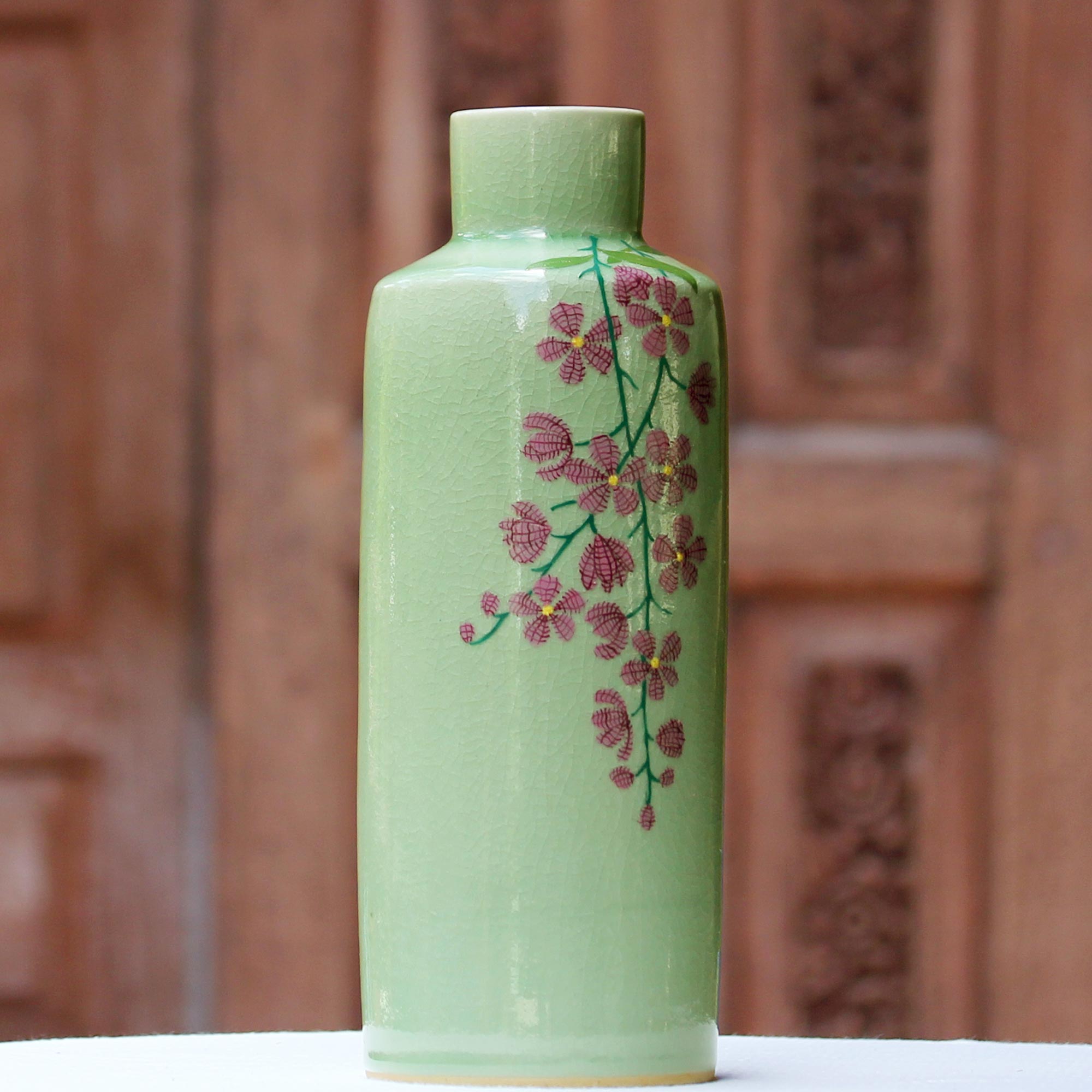 Premium Handcrafted Celadon Floral Vase - Thai Artisan Elegance