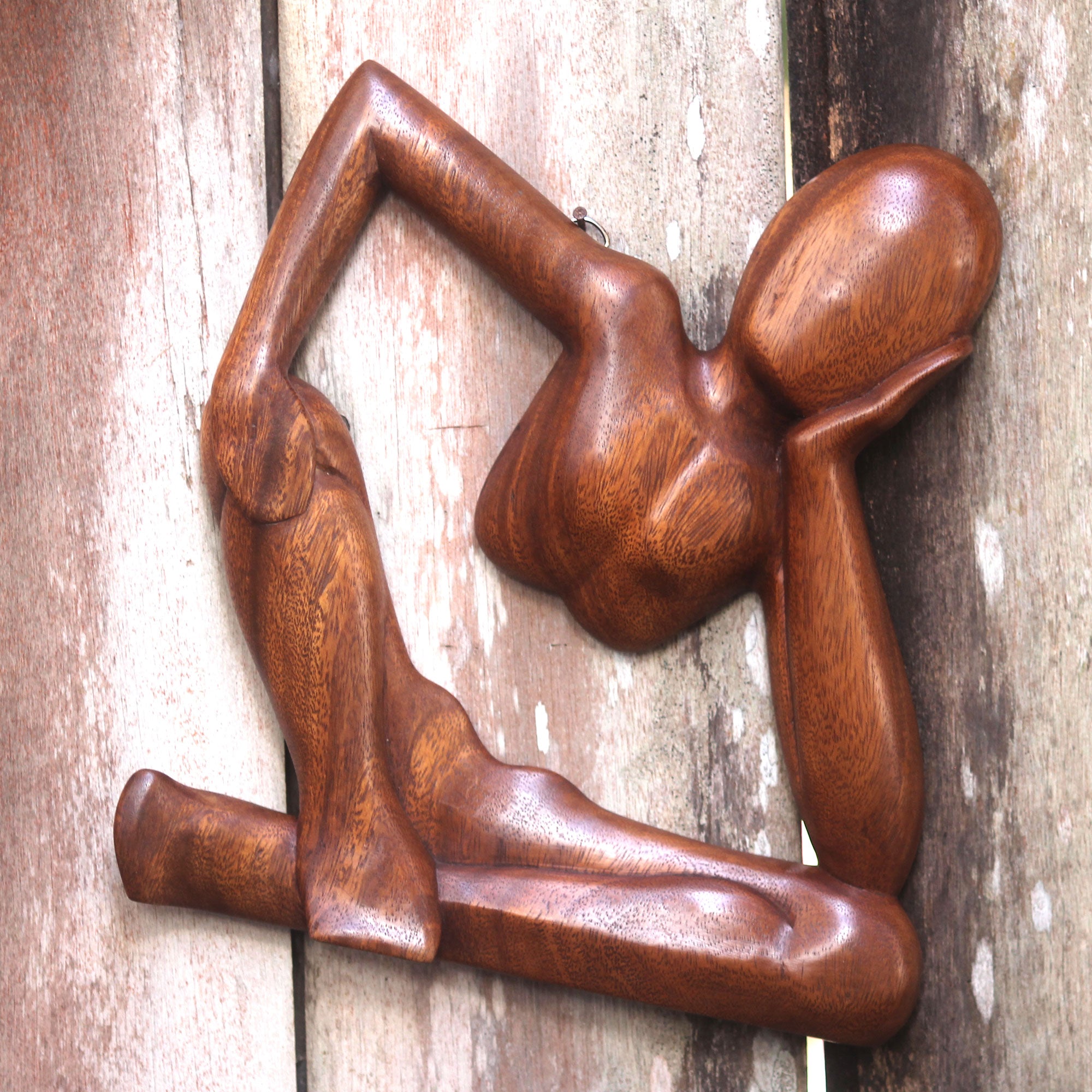 Premium Handcrafted Suar Wood Wall Sculpture - Relaxed Figure Art Piece