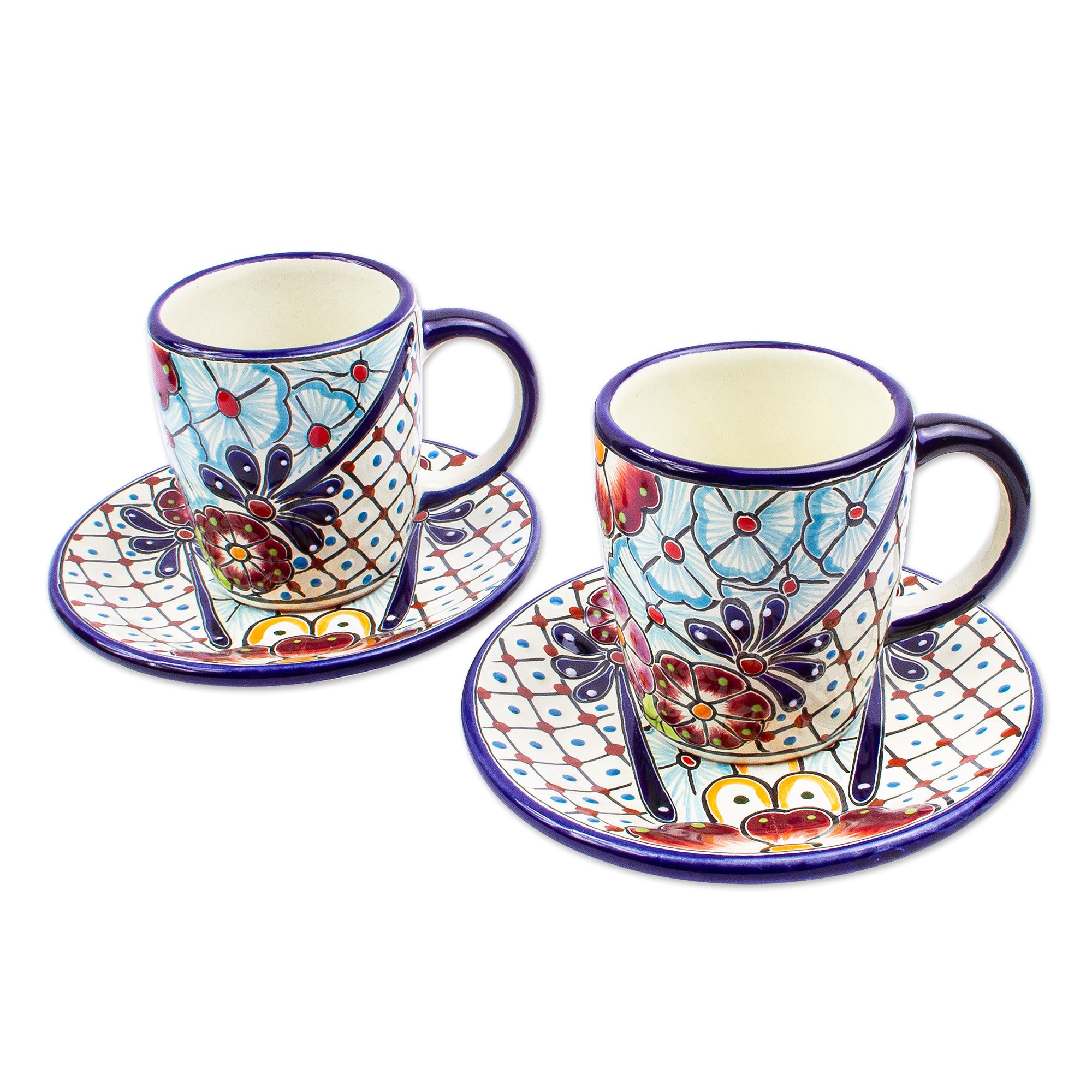 Premium Talavera-Style Cups and Saucers: Handcrafted Mexican Artistry (Pair)