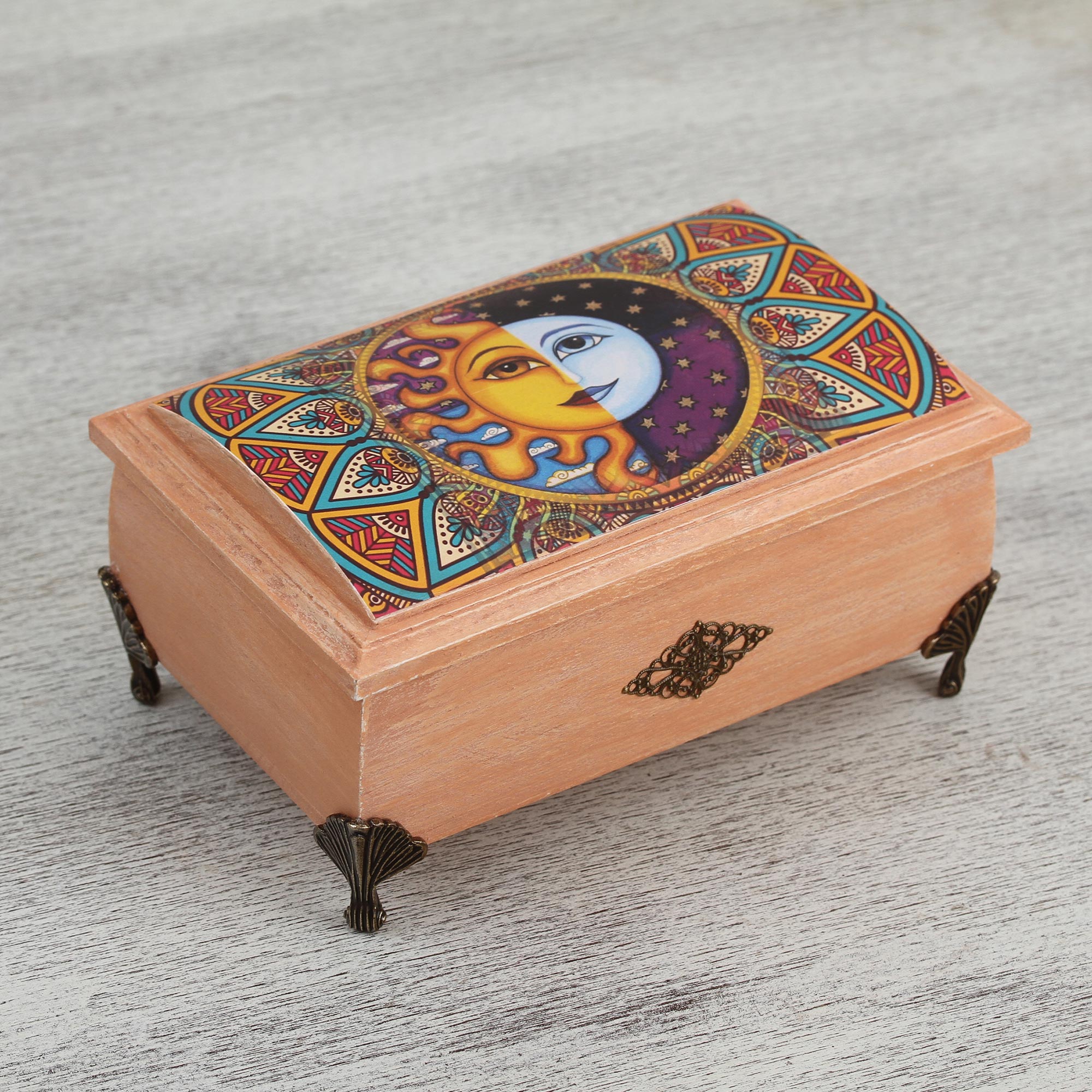 Premium Handcrafted Sun & Moon Decoupage Wood Box – Mexican Artisan Design