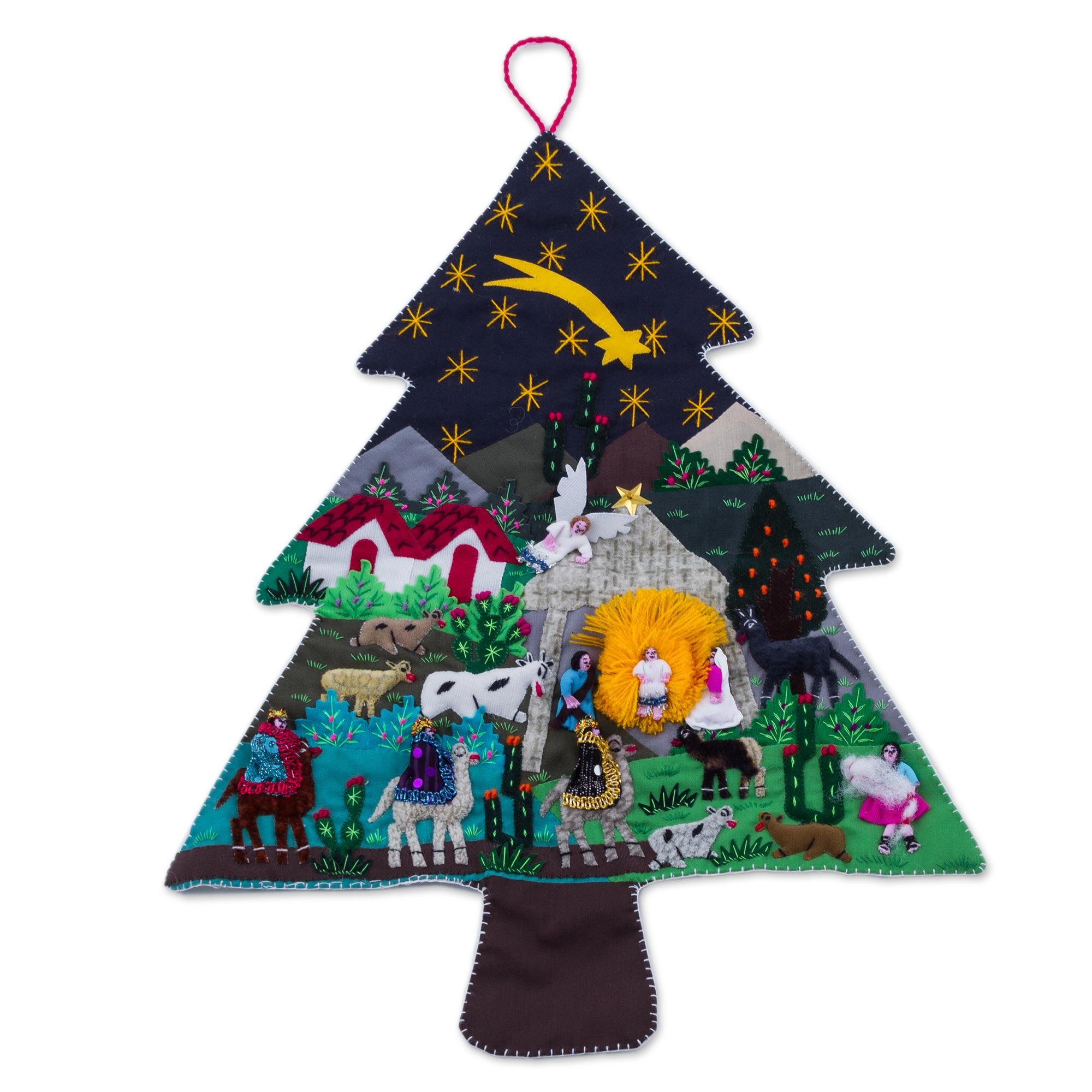 Premium Andean Christmas Pine Tree Wall Hanging - Handcrafted Patchwork Art