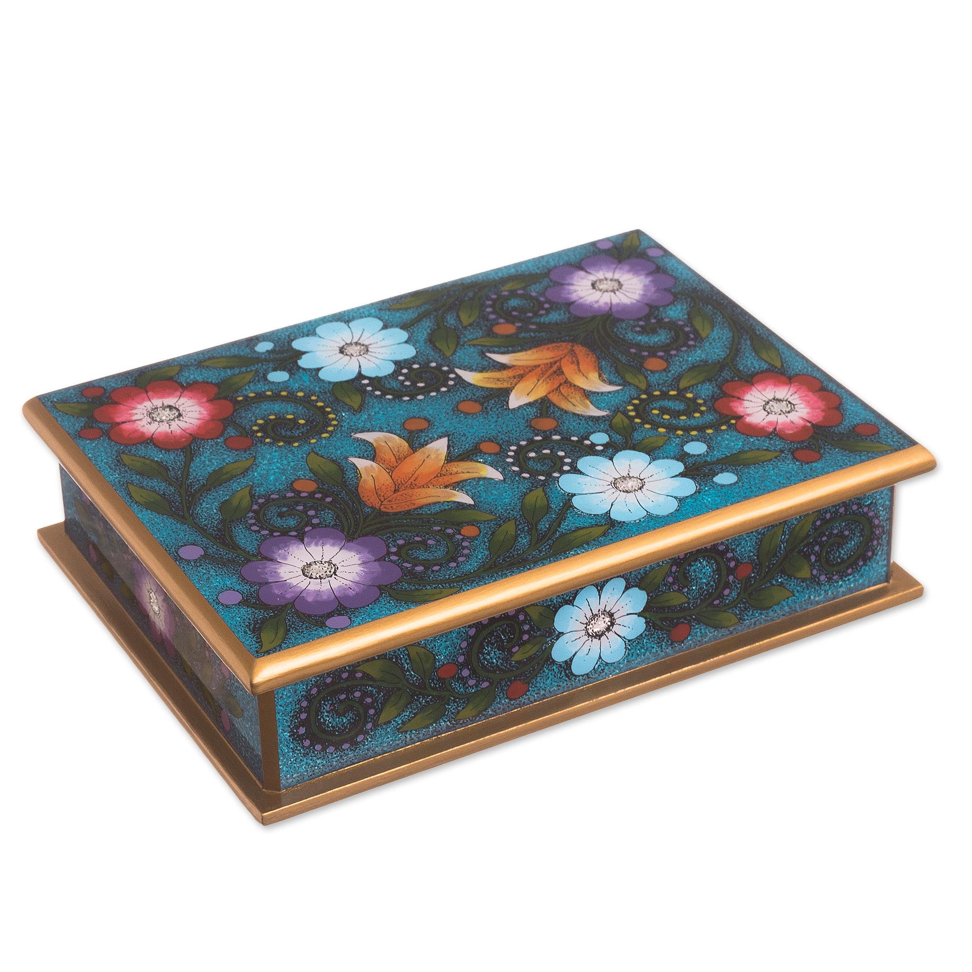 Premium Blue Floral Reverse-Painted Glass Decorative Box - Handcrafted Margarita Garden Design