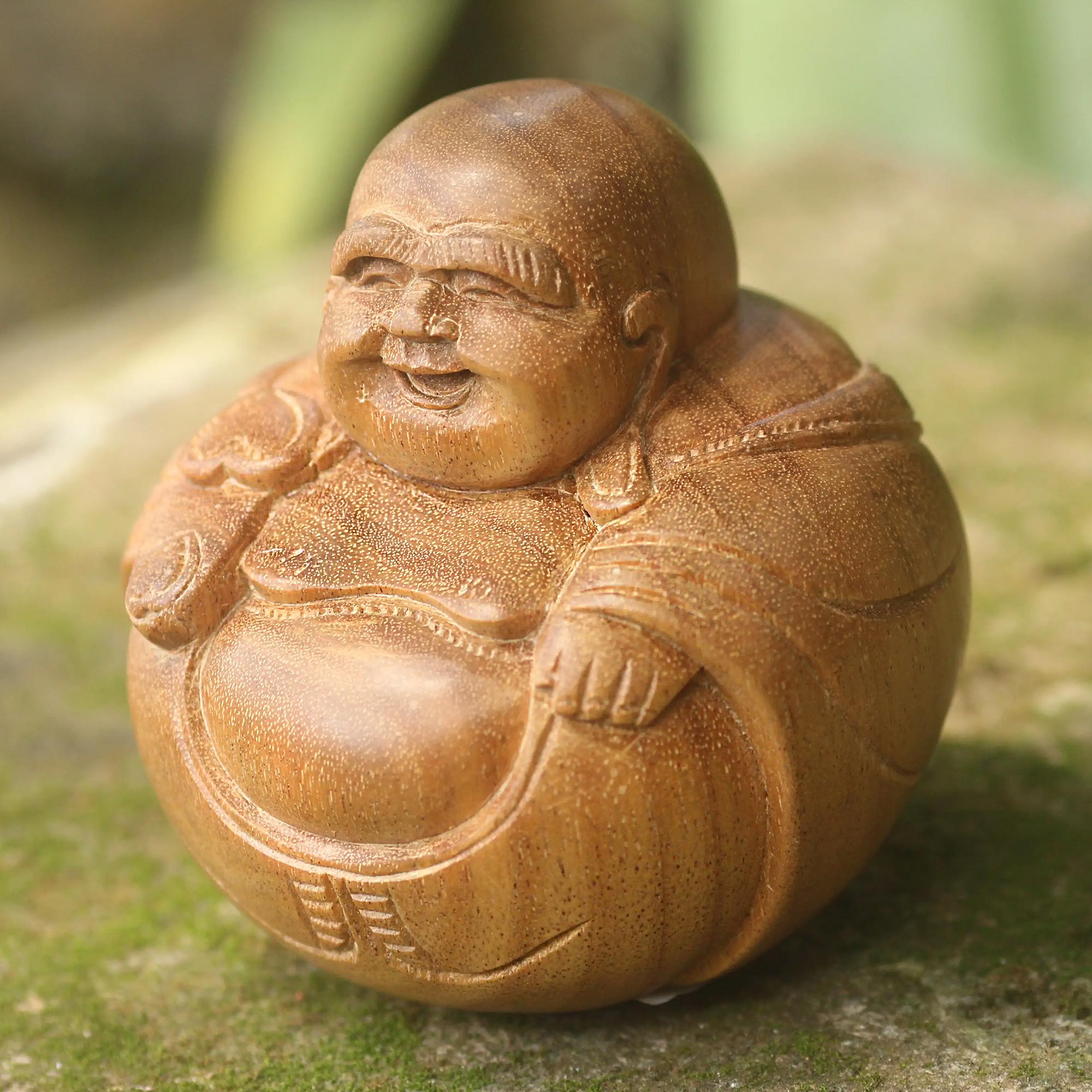 Premium Hand-Carved Laughing Buddha Sculpture in Acacia Wood