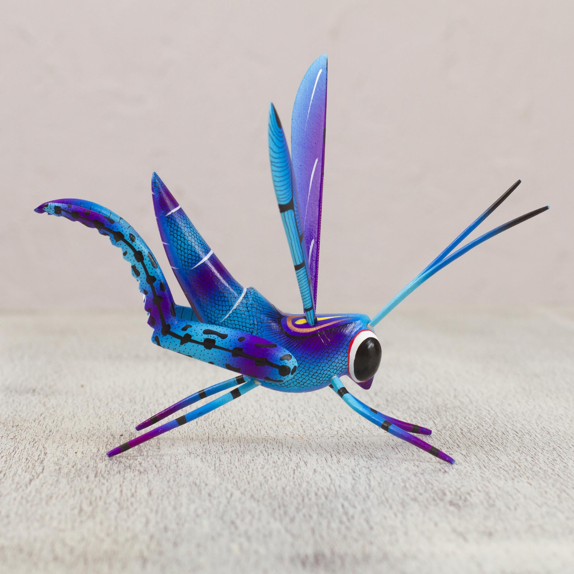 Premium Blue Cricket Alebrije Sculpture - Handcrafted Good Luck Charm from Mexico