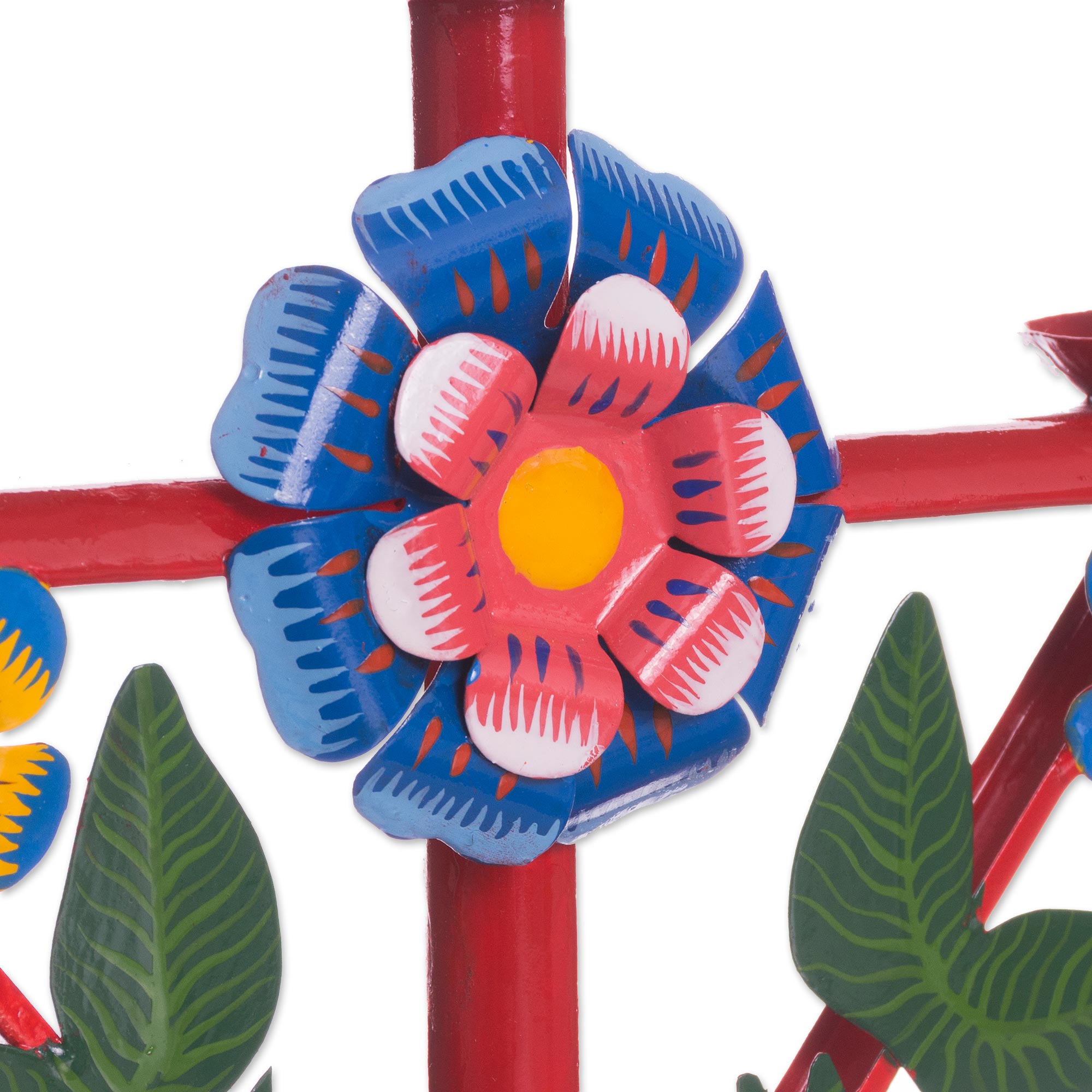 Premium Handcrafted Red Floral Recycled Metal Candelabra from Peru