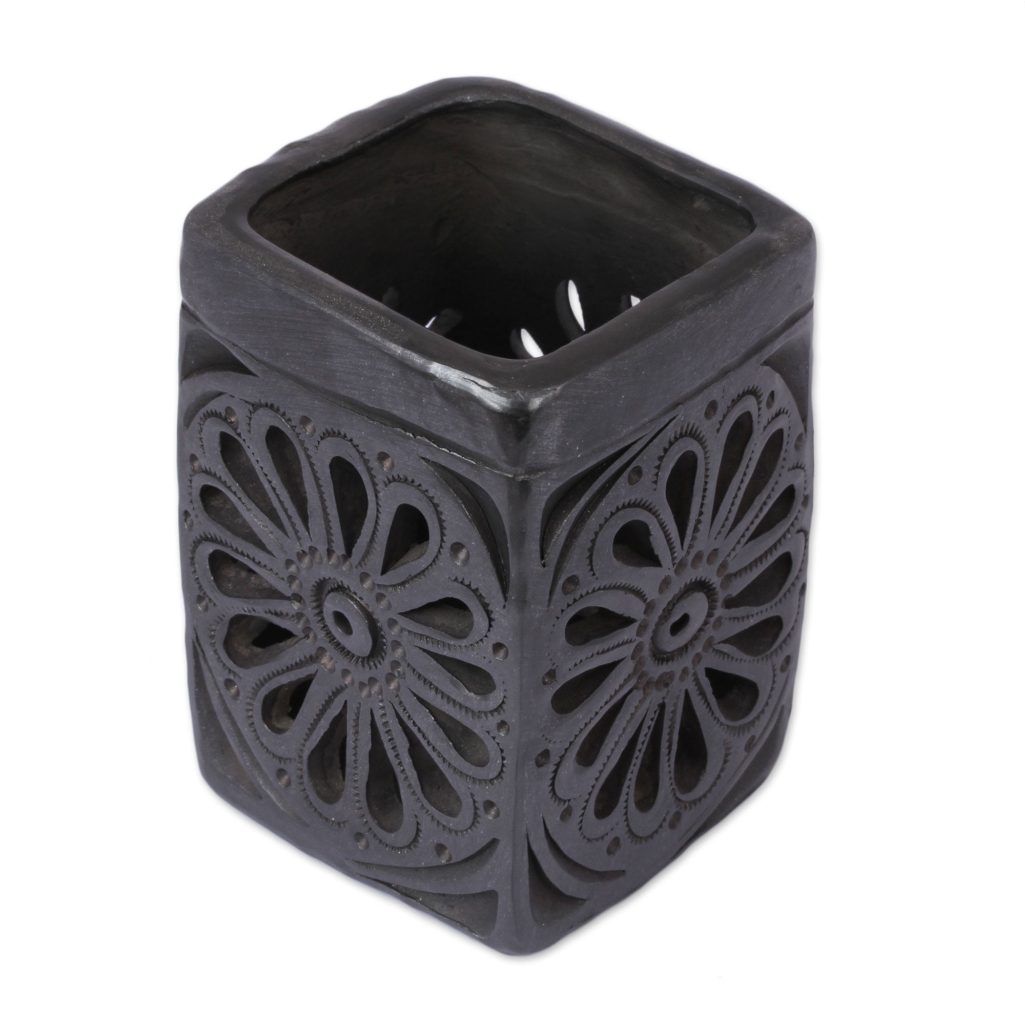 Premium Oaxacan Barro Negro Floral Ceramic Pencil Holder – Handcrafted Artisan Design