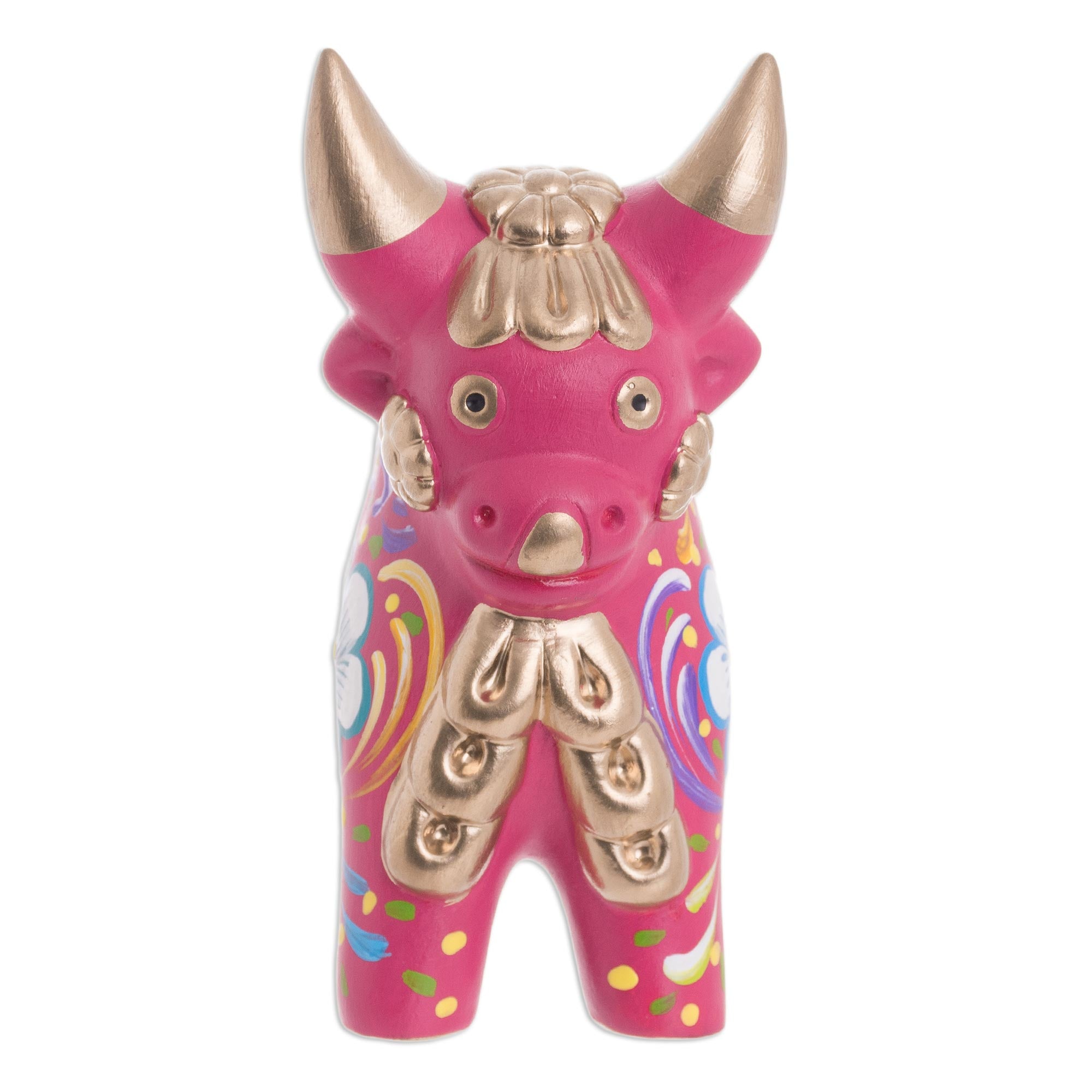 Premium Hand-Painted Ceramic Bull Statue - Fuchsia & Multi-Color Floral Design from Peru