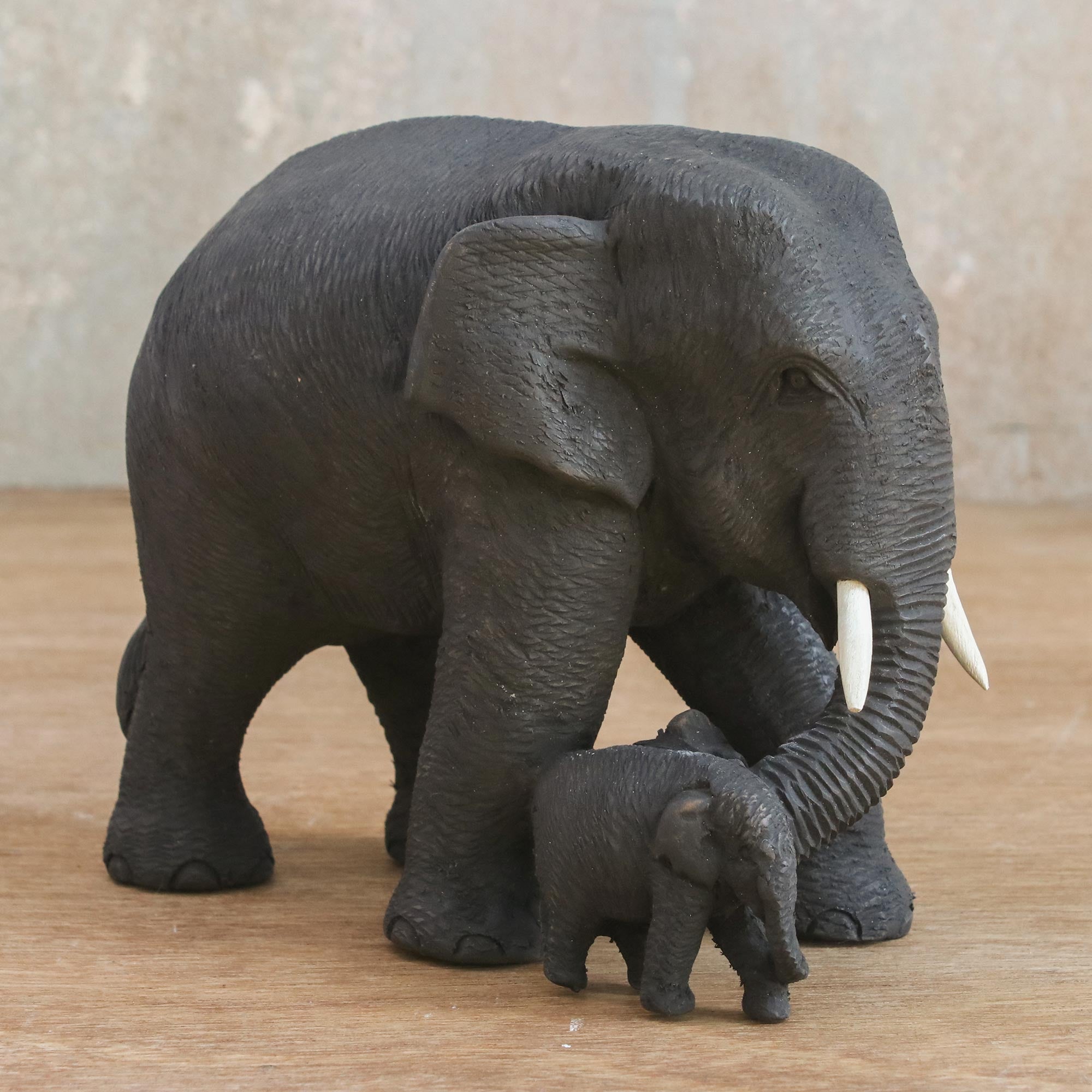 Premium Hand-Carved Teak Elephant Mother & Child Figurine - Ultimate Home Decor