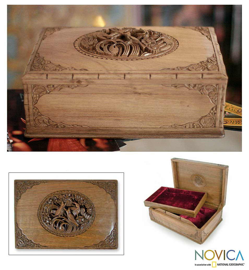 Premium Walnut Wood Jewelry Box with Hand-Carved Spring Birds Design