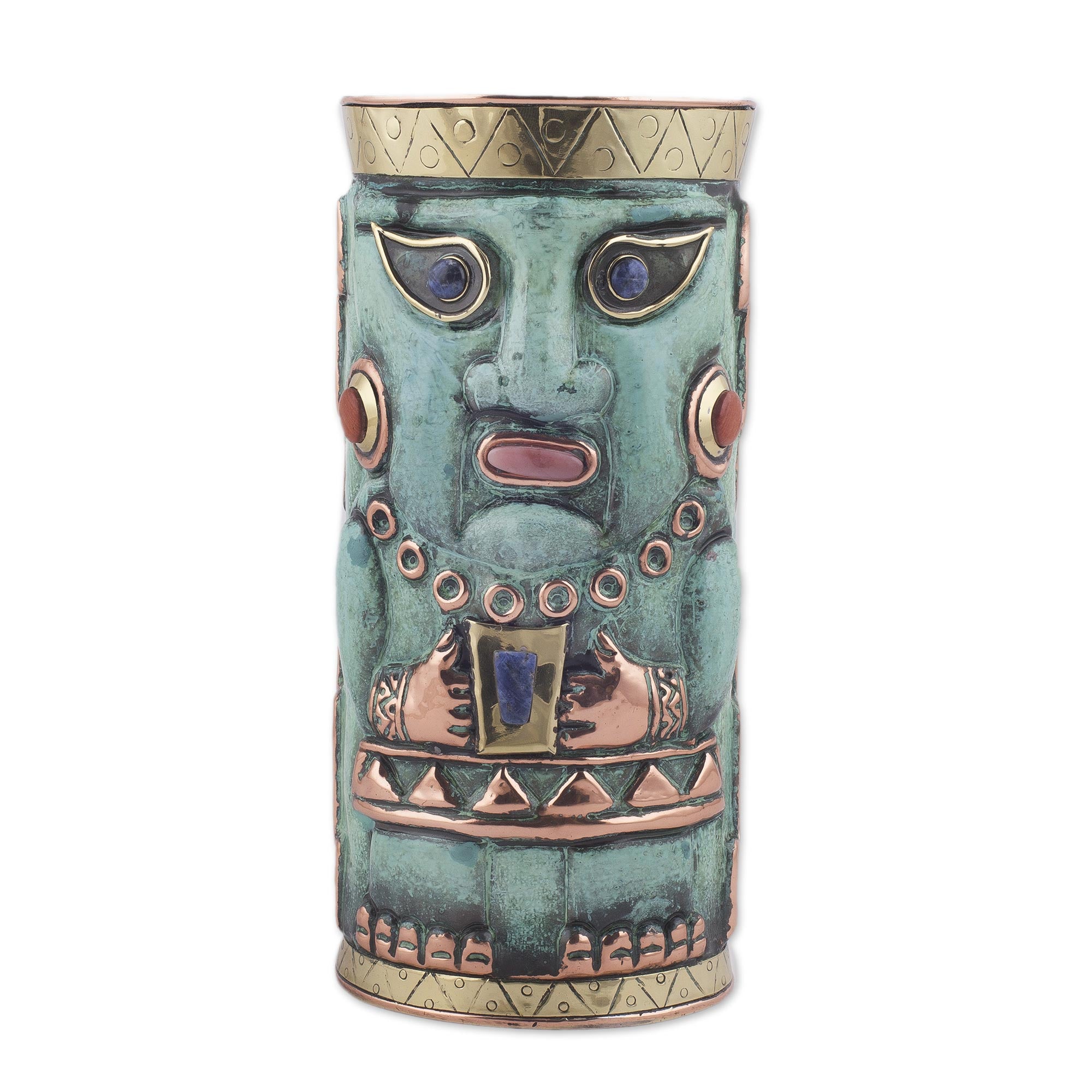 Premium Andean Warrior Gemstone Vase - Handcrafted Copper Art from Peru