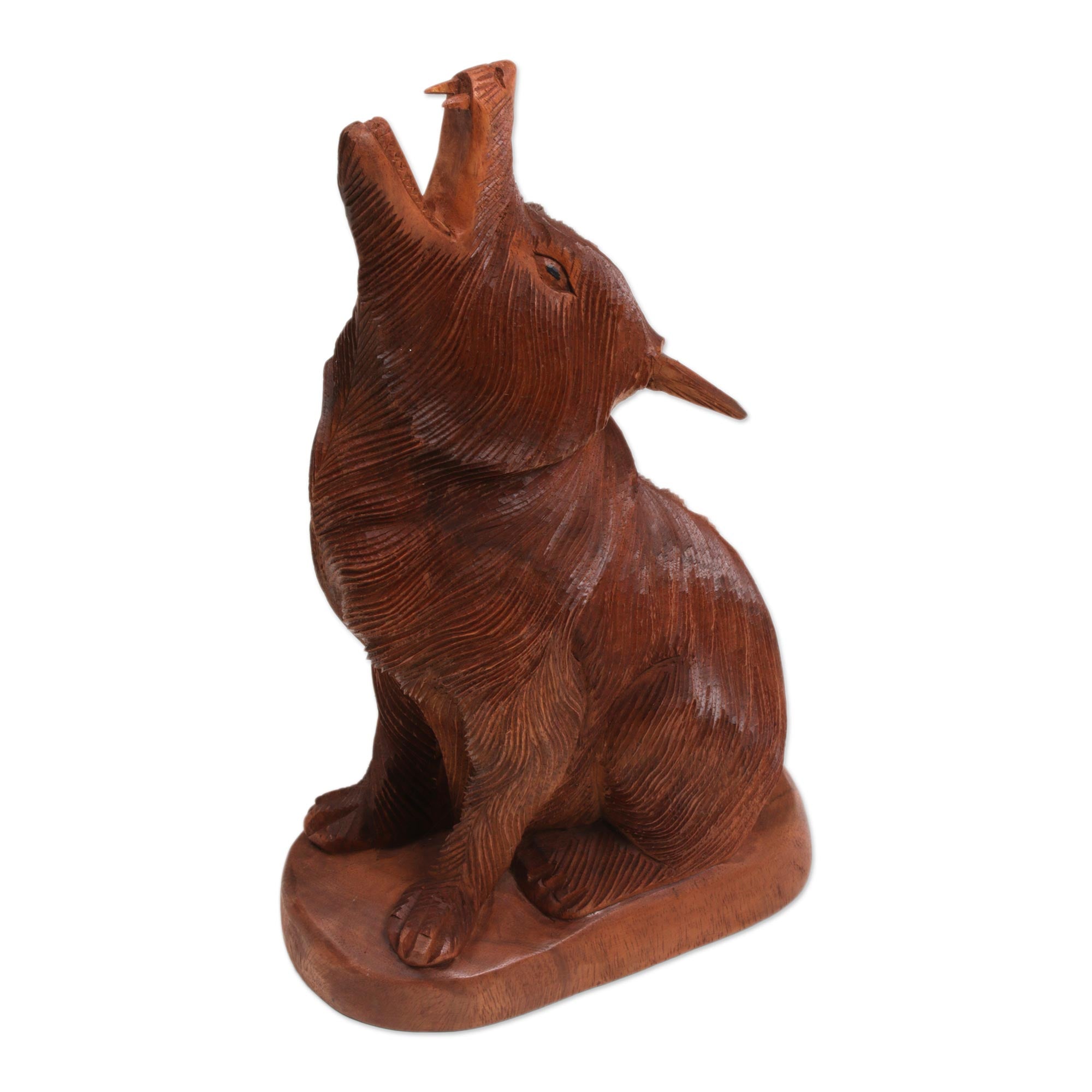 Premium Hand-Carved Suar Wood Howling Wolf Sculpture - Authentic Balinese Art