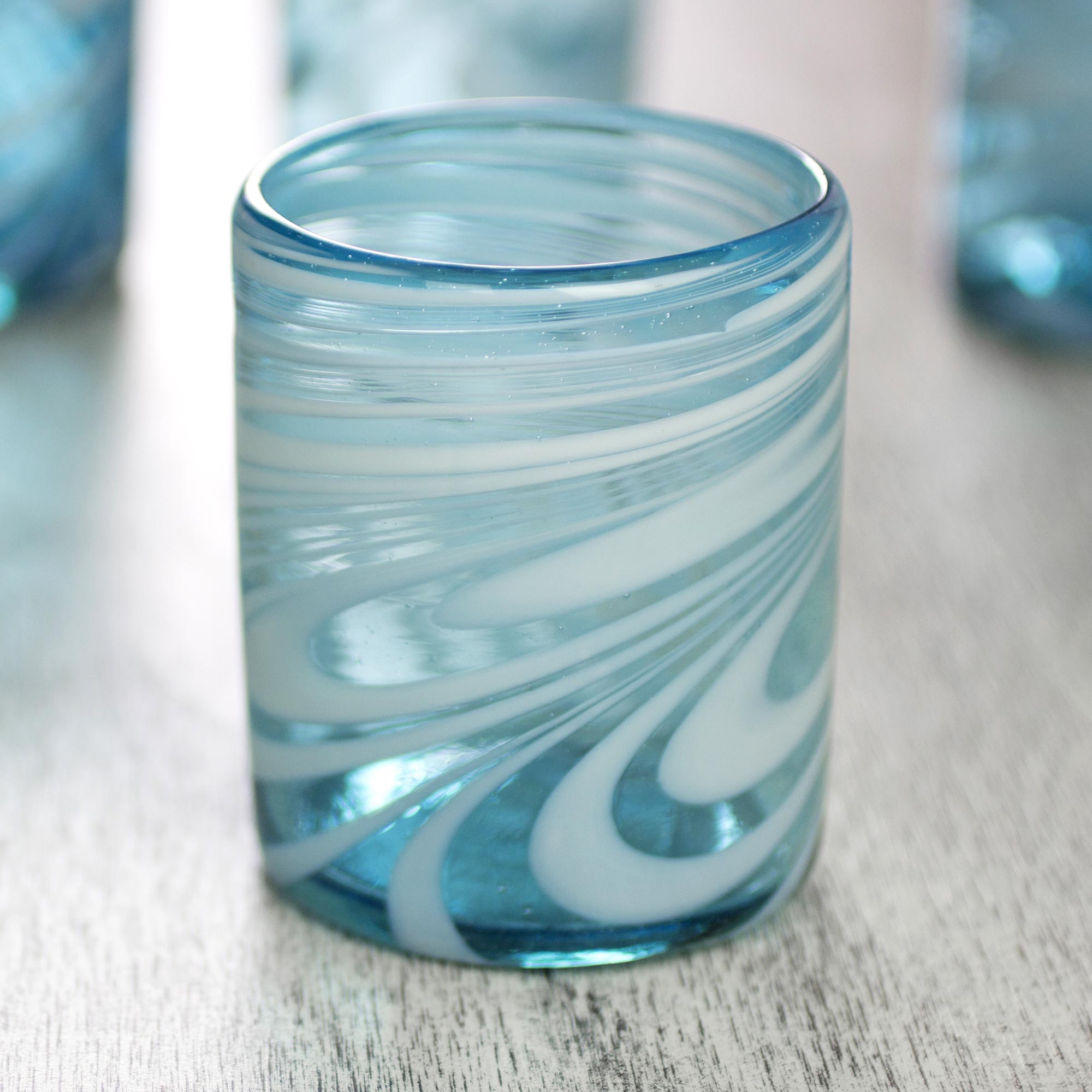 Premium Whirling Aquamarine Hand-Blown Rock Glasses - Set of 6