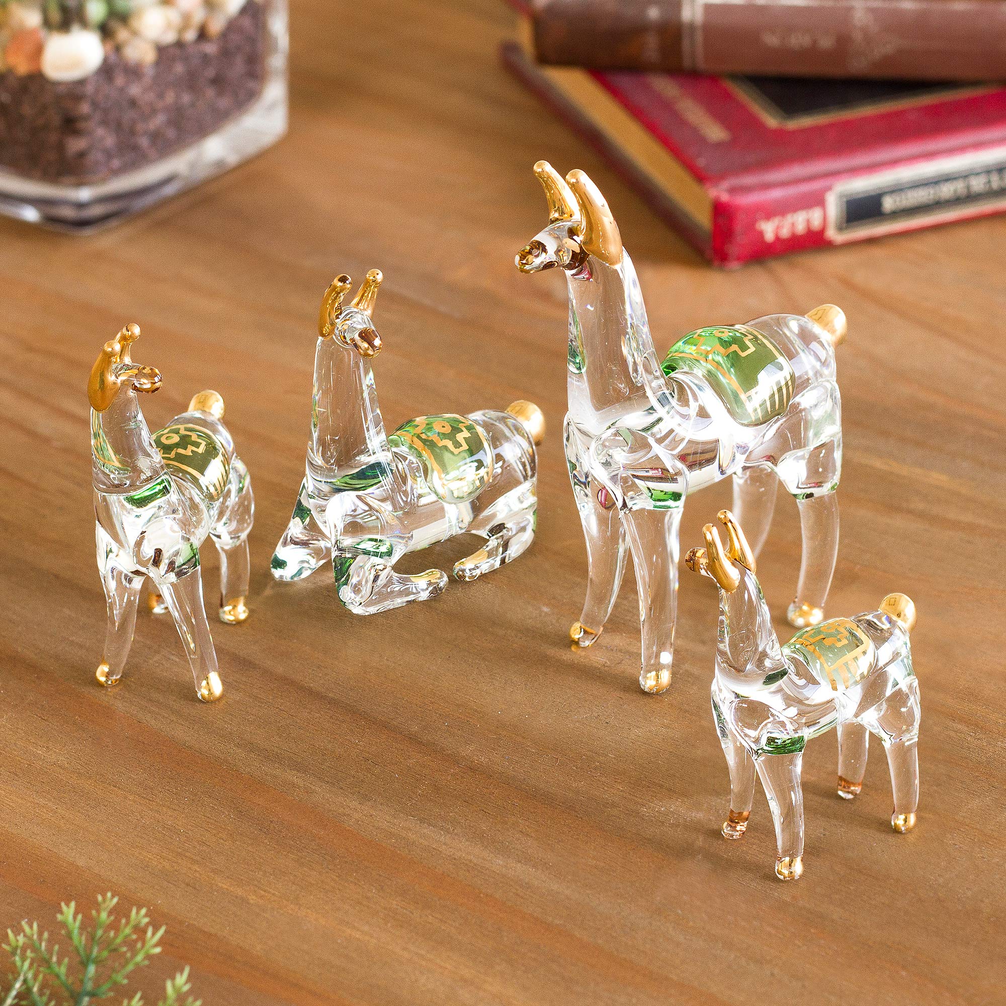 Premium Llama Family Set: Handcrafted Gilded Glass Figurines from Peru (Set of 4)