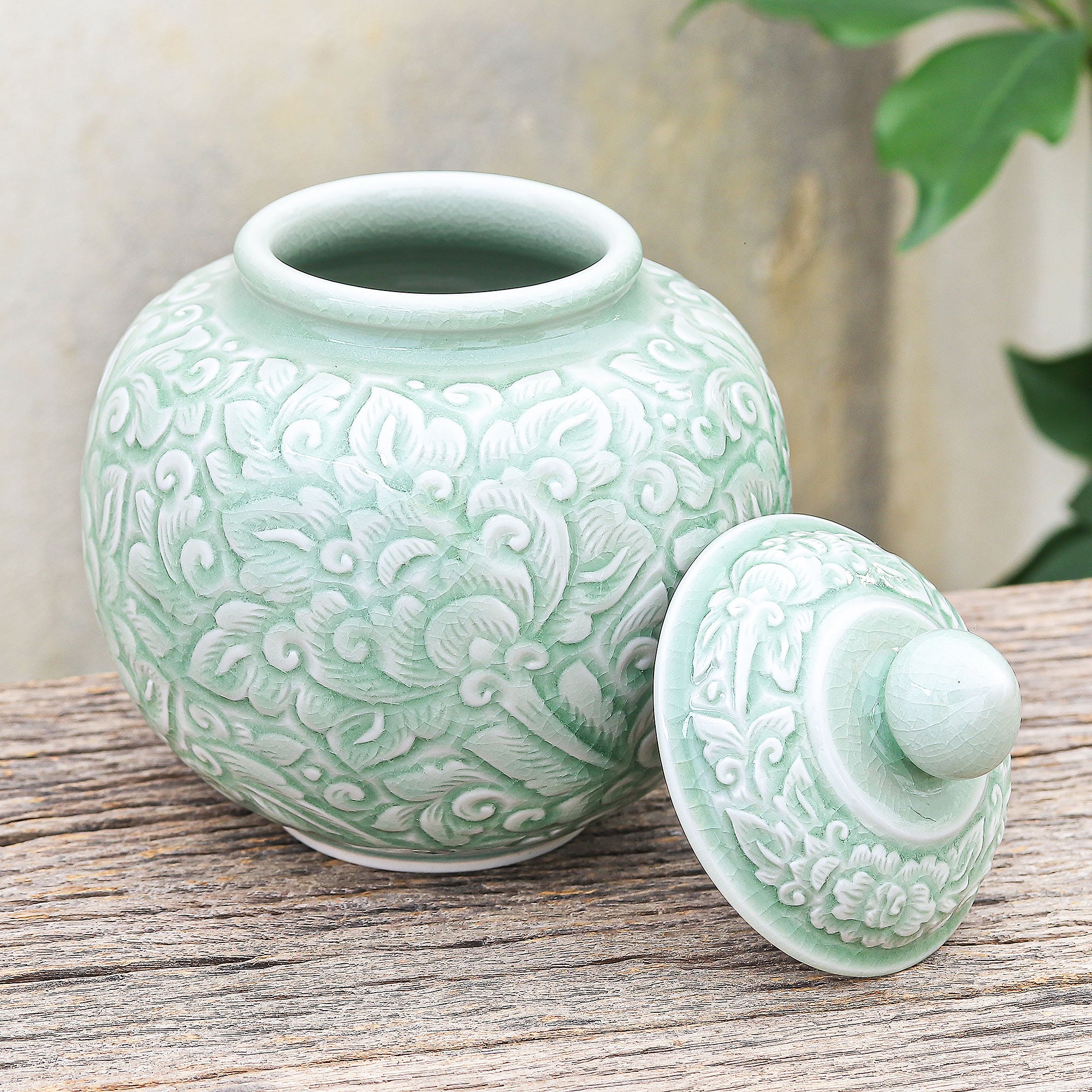 Premium Celadon Floral Ceramic Jar - Handcrafted Artisan Elegance
