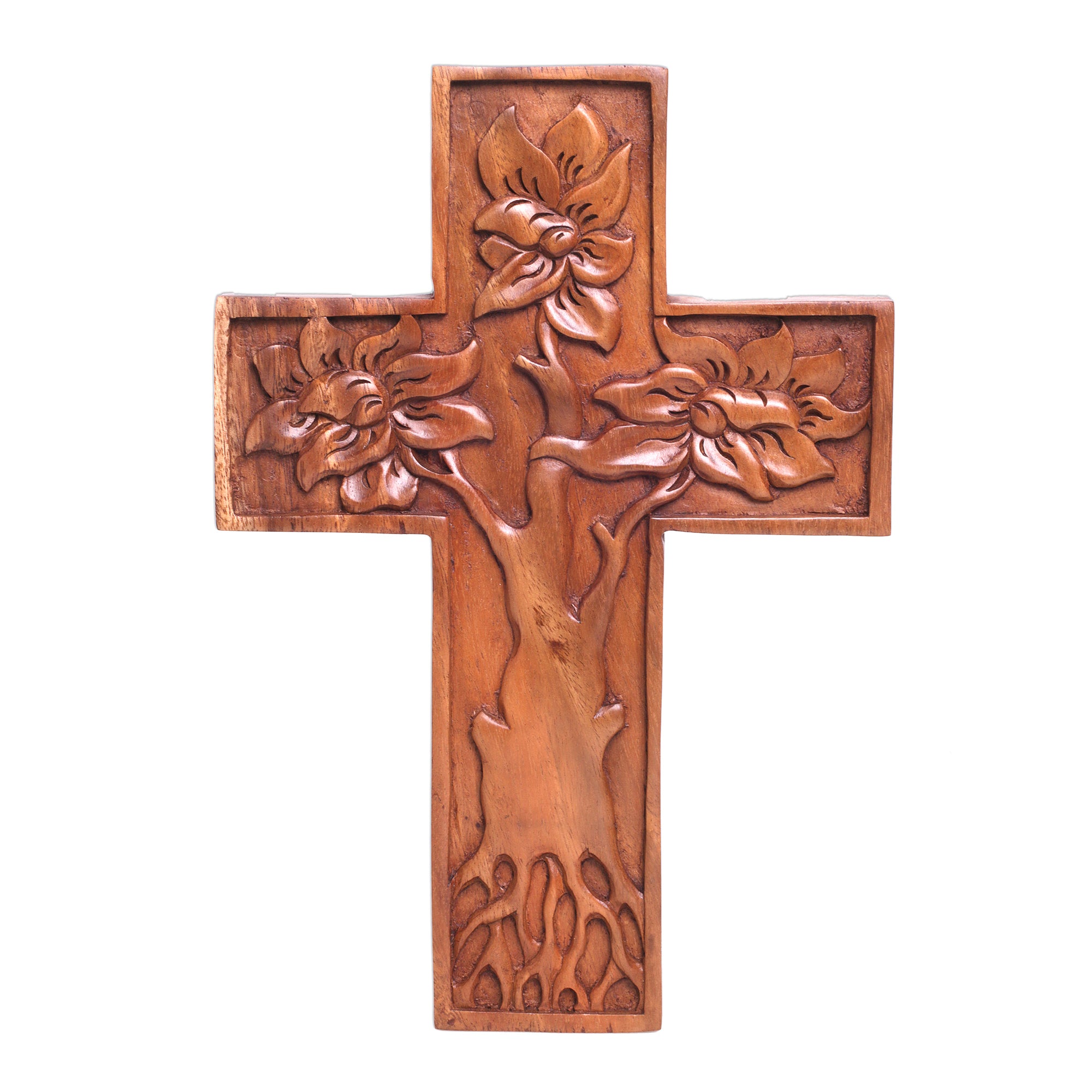 Premium Hand-Carved Mangrove Tree Suar Wood Wall Cross – Bali Artisan Crafted