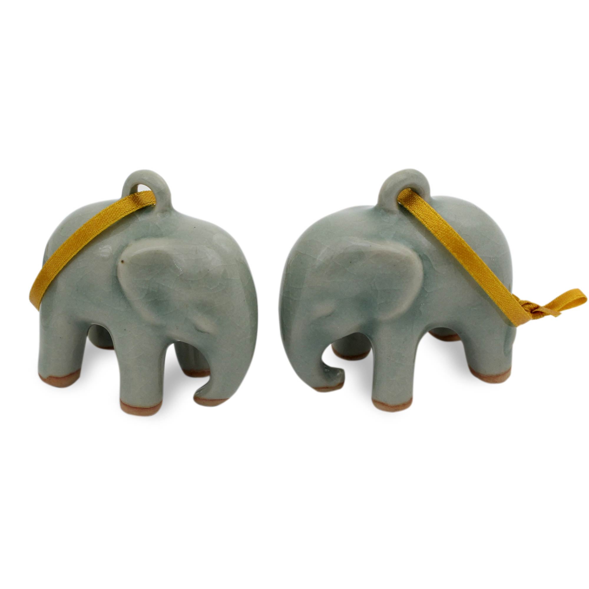 Premium Light Blue Elephant Celadon Ceramic Ornaments – Crackled Green Finish (Pair)