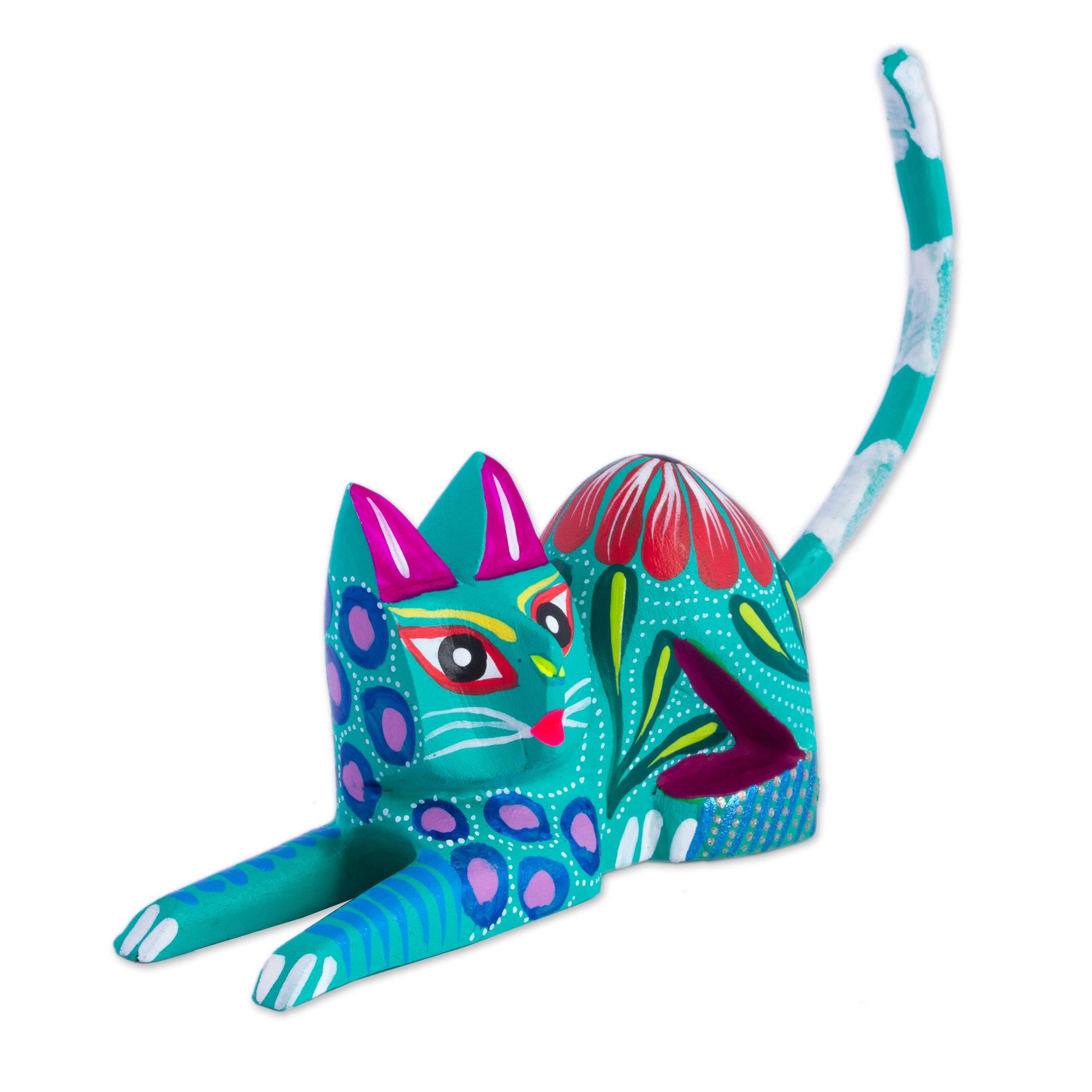 Premium Teal Copal Wood Alebrije Cat Sculpture – Handcrafted Mexican Art