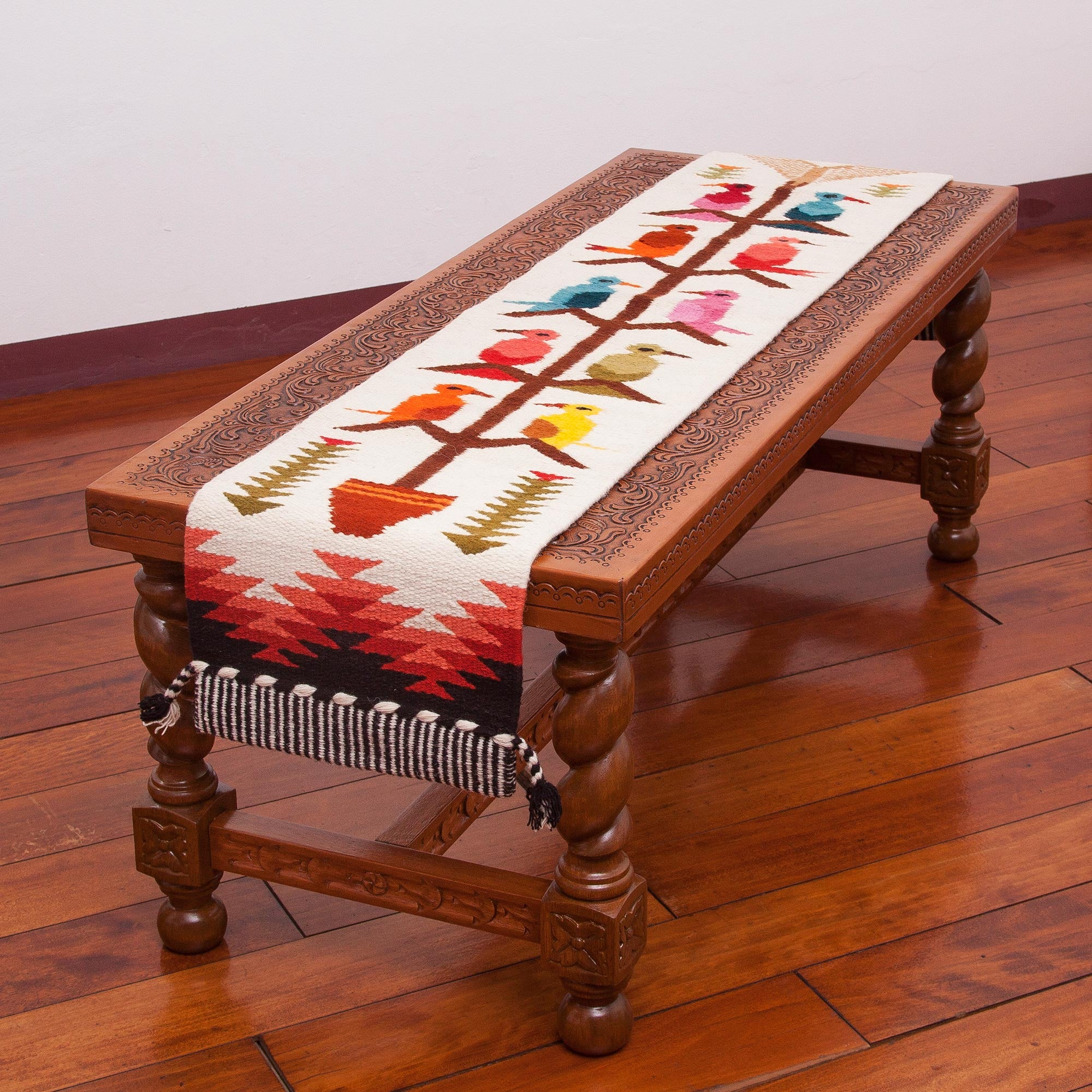 Premium Handwoven Wool Blend Bird-Themed Table Runner from Peru – Songs of the Countryside