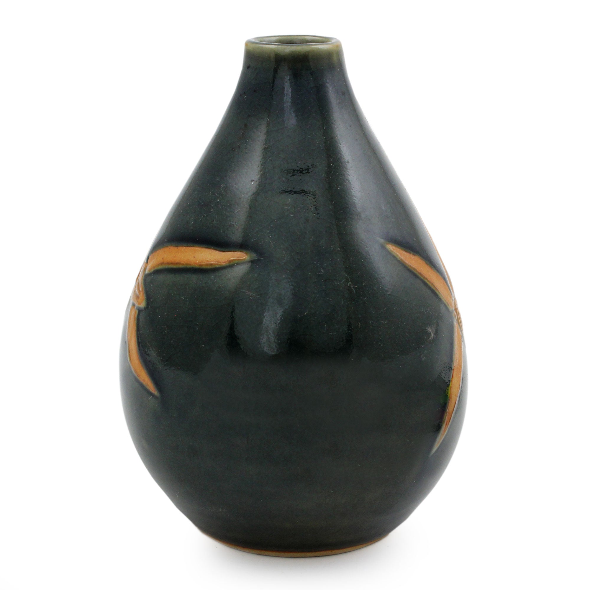 Premium Celadon Ceramic Vase: Dragonfly Orchids Design - Handcrafted Elegance