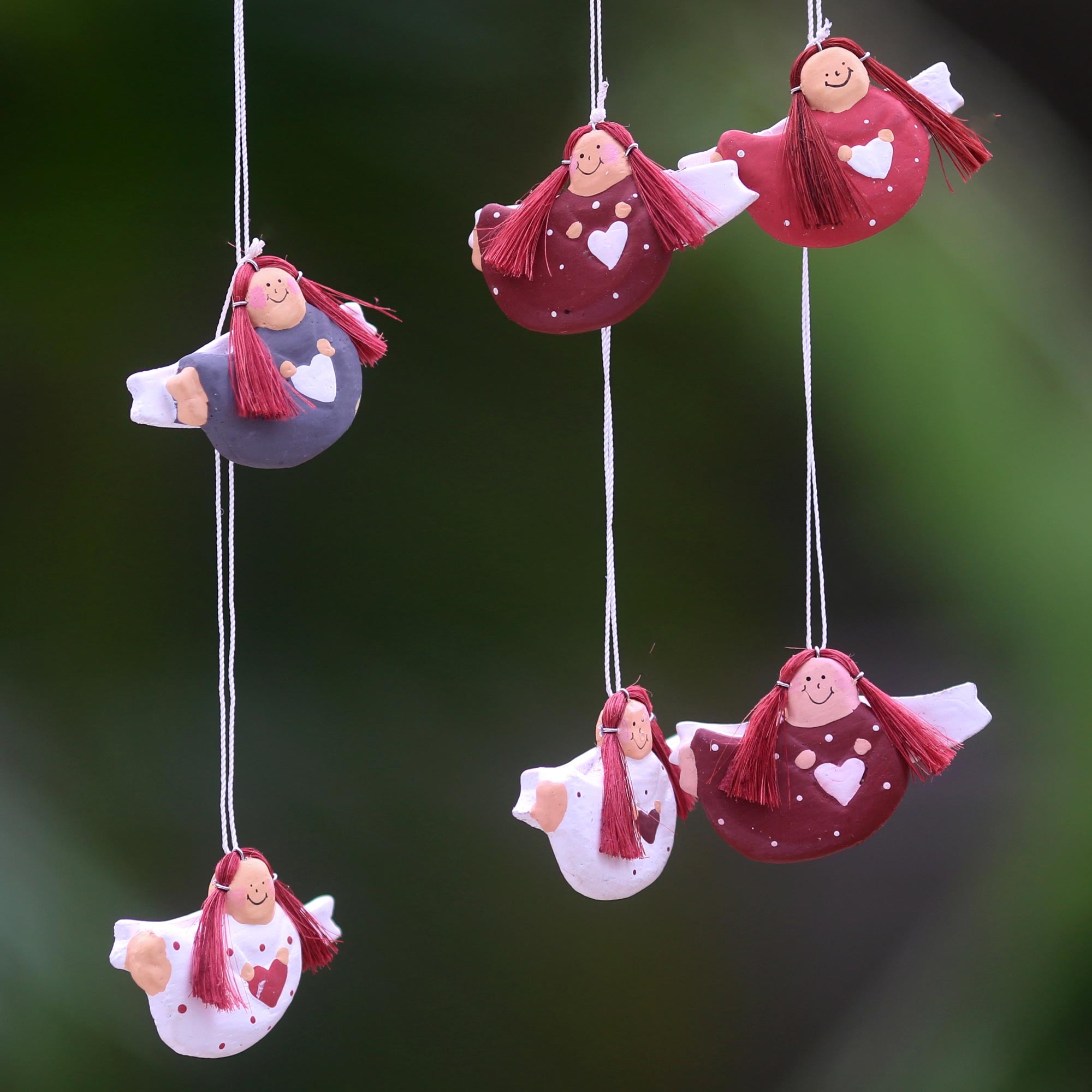 Premium Handcrafted Red-Haired Angel Ornament Set - 6 Unique Wooden Angels with Hearts