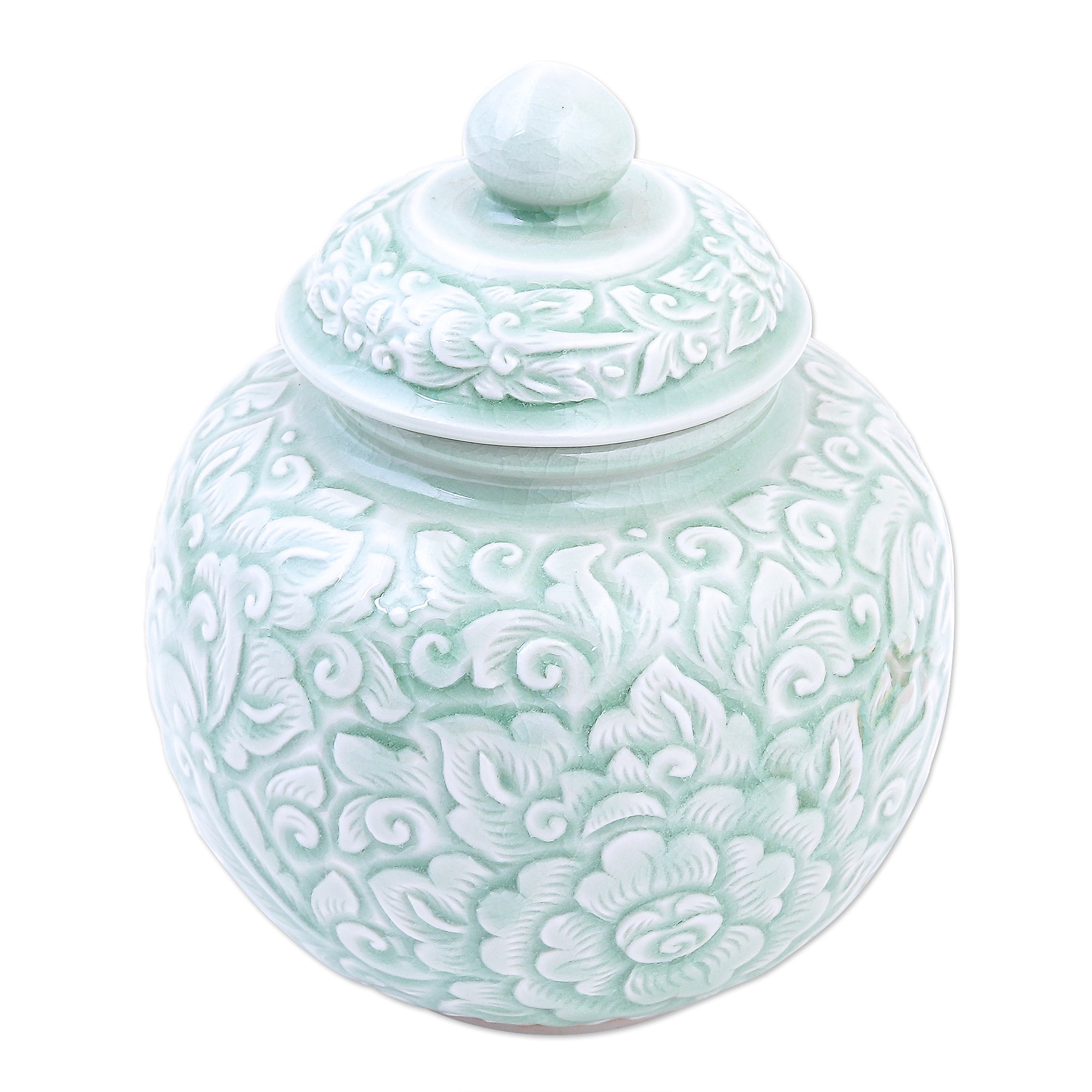Premium Celadon Floral Ceramic Jar - Handcrafted Artisan Elegance