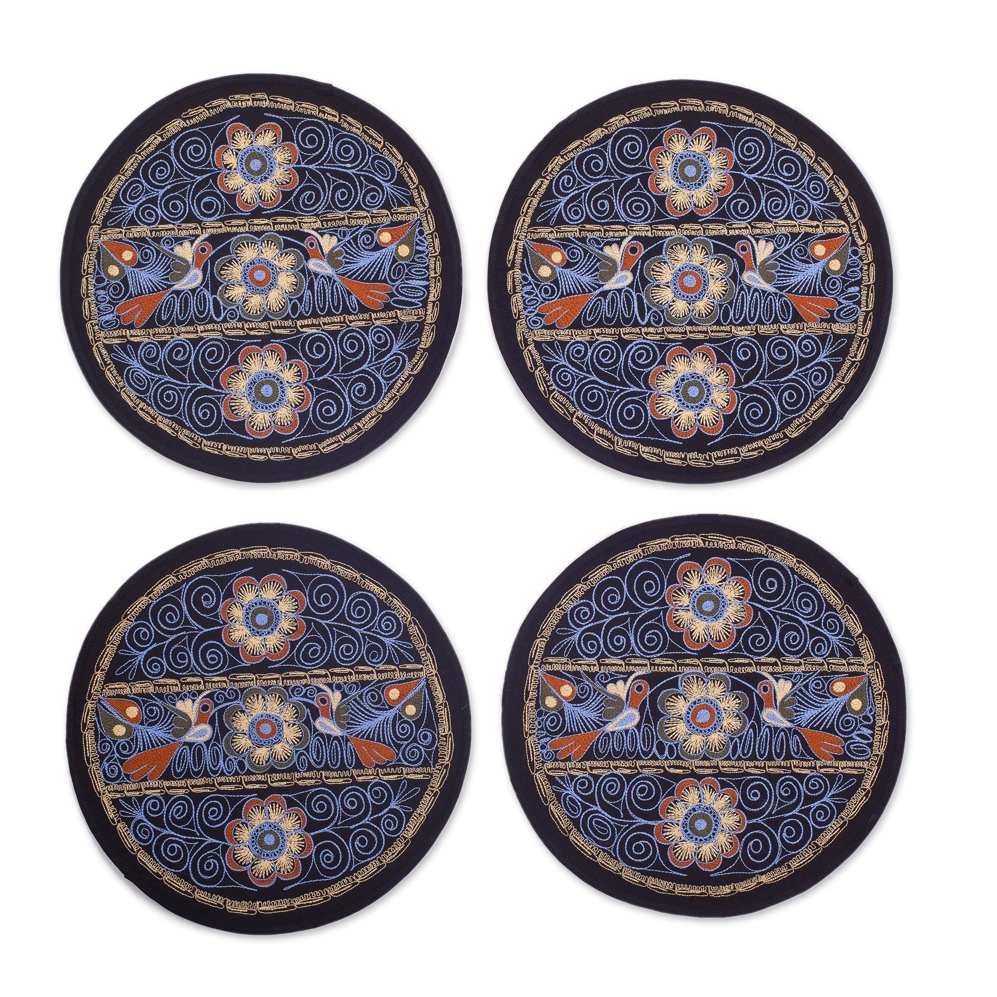 Premium Sky Blue Floral Embroidered Peruvian Placemats – Set of 4