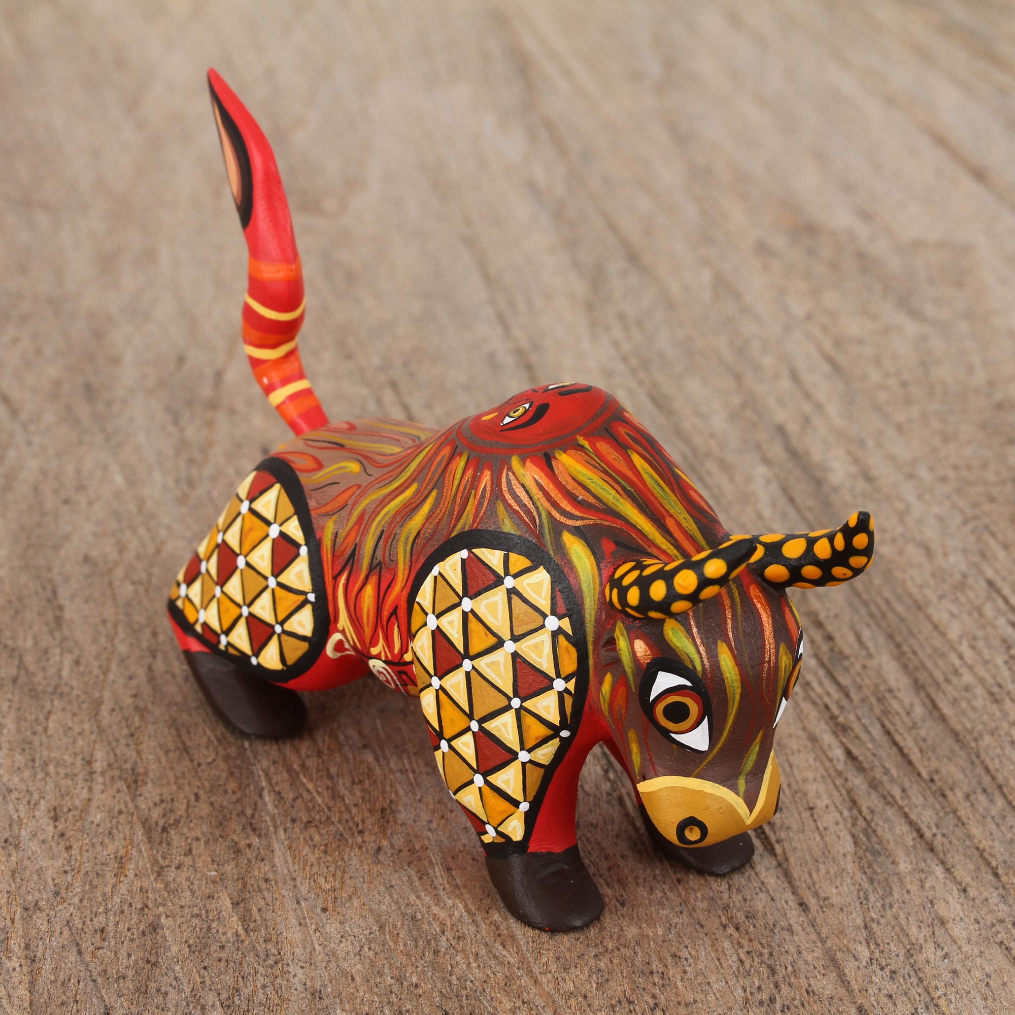Premium Handcrafted Sun Force Orange Alebrije Bull - Multicolor Artisan Masterpiece