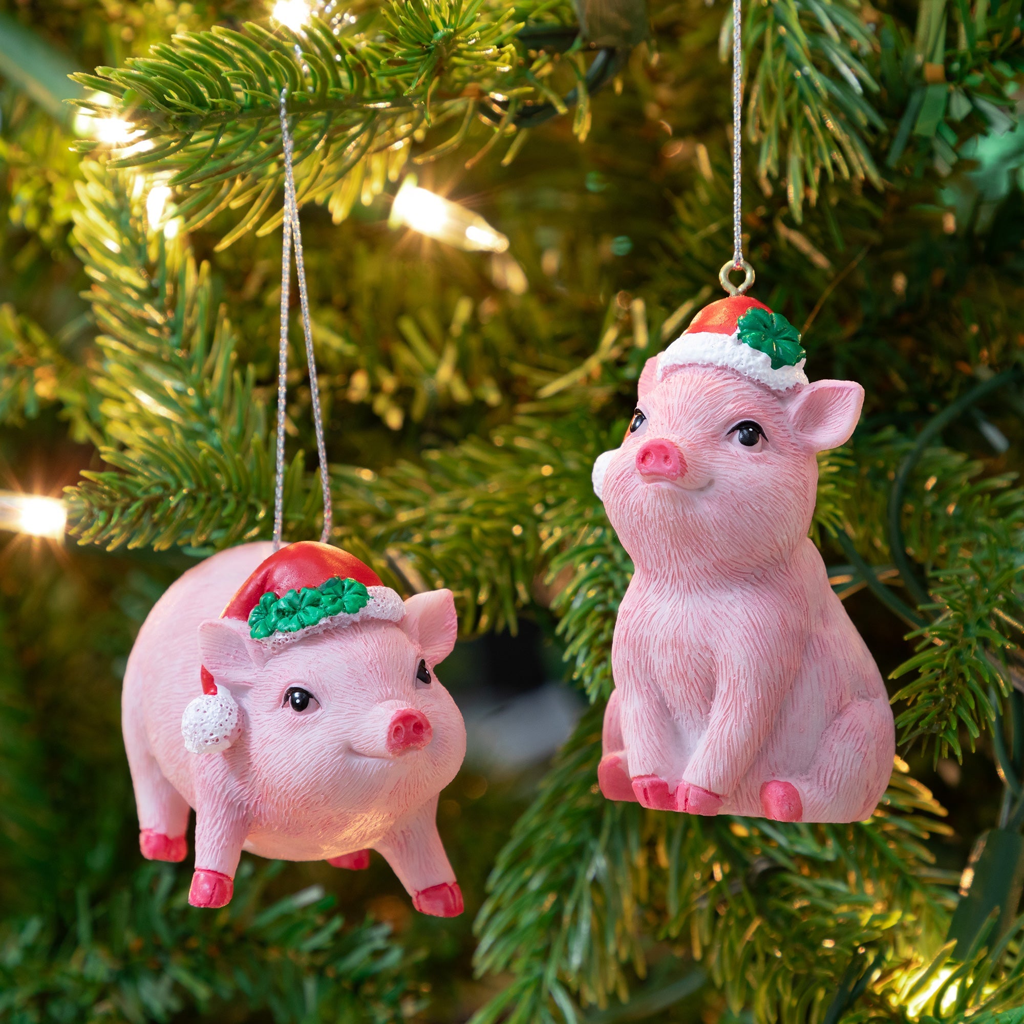 Premium Lucky Pink Pig Ornament with Santa Hat