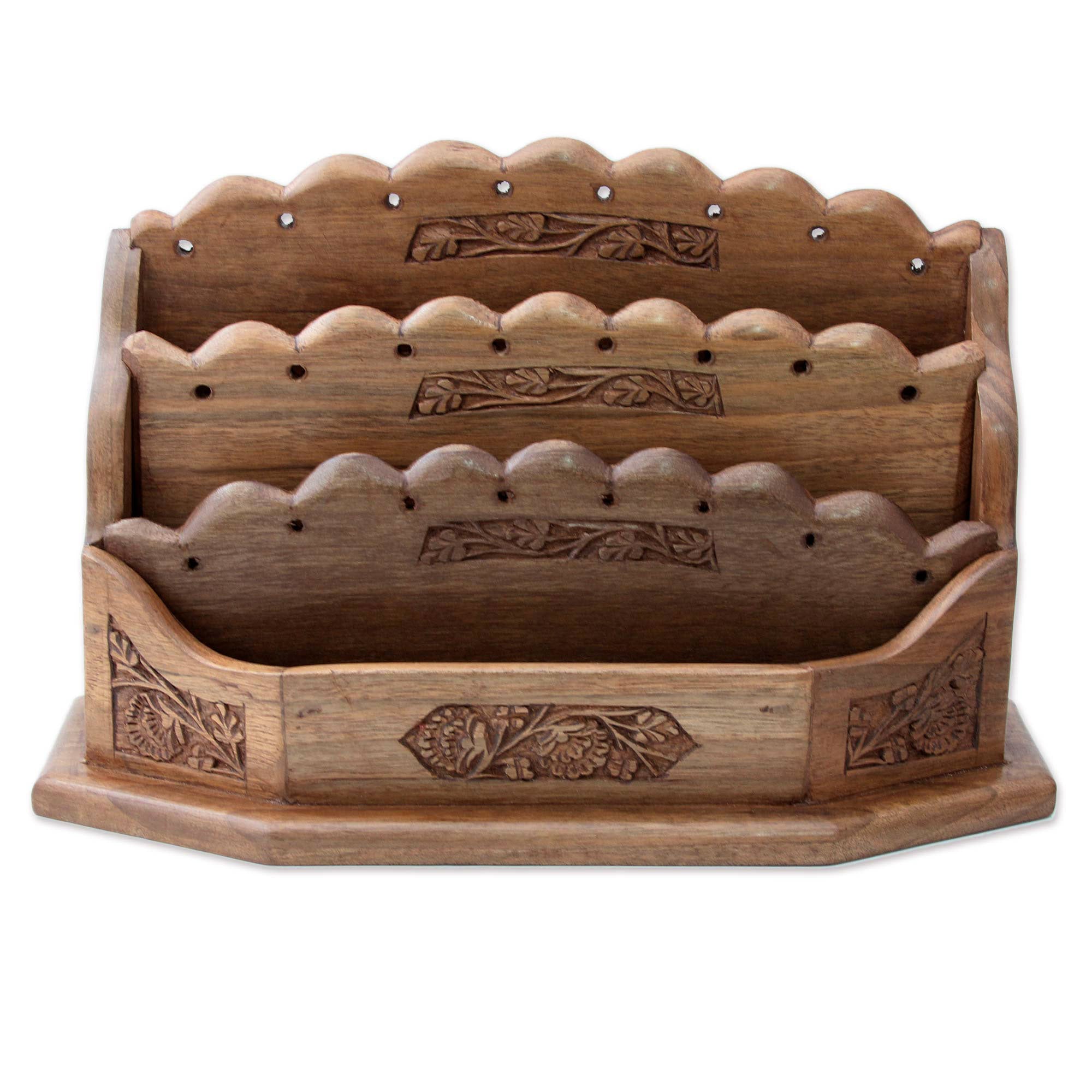 Premium Handcrafted Walnut Wood Letter Rack with Blooming Floral Design