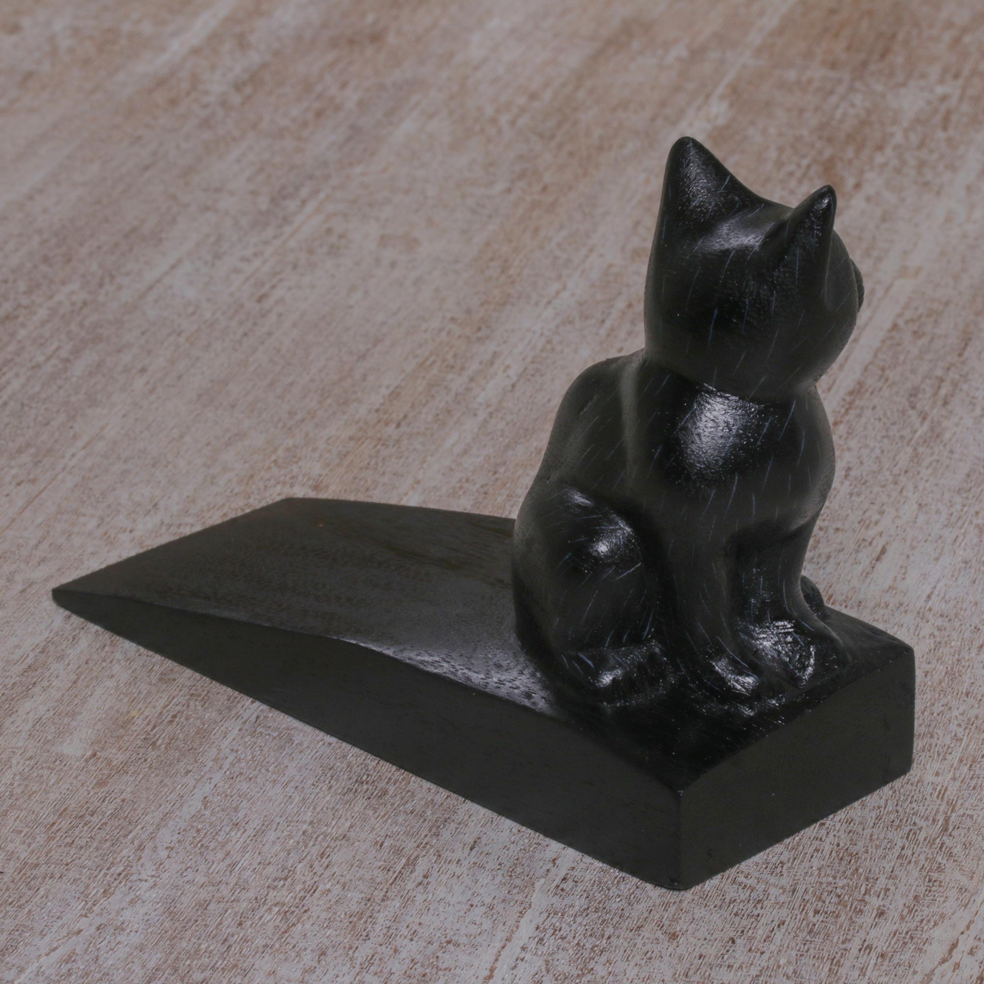 Premium Handcrafted Black Suar Wood Kitten Doorstop