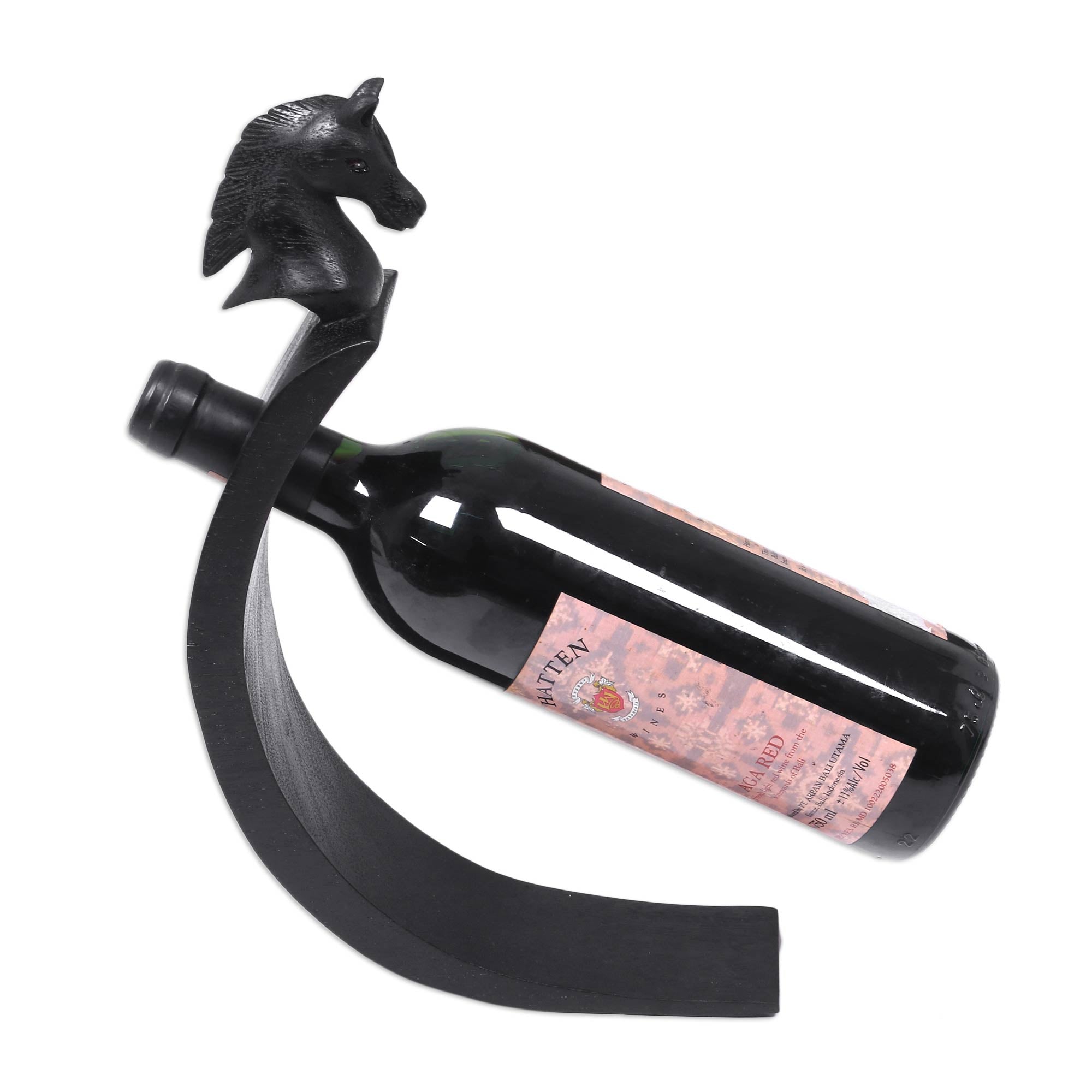 Premium Black Balinese Pony Wine Bottle Holder – Handcrafted Wooden Art Piece