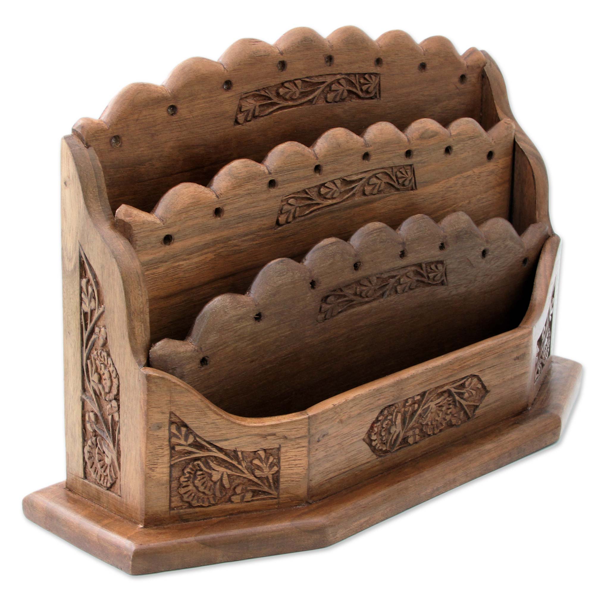Premium Handcrafted Walnut Wood Letter Rack with Blooming Floral Design