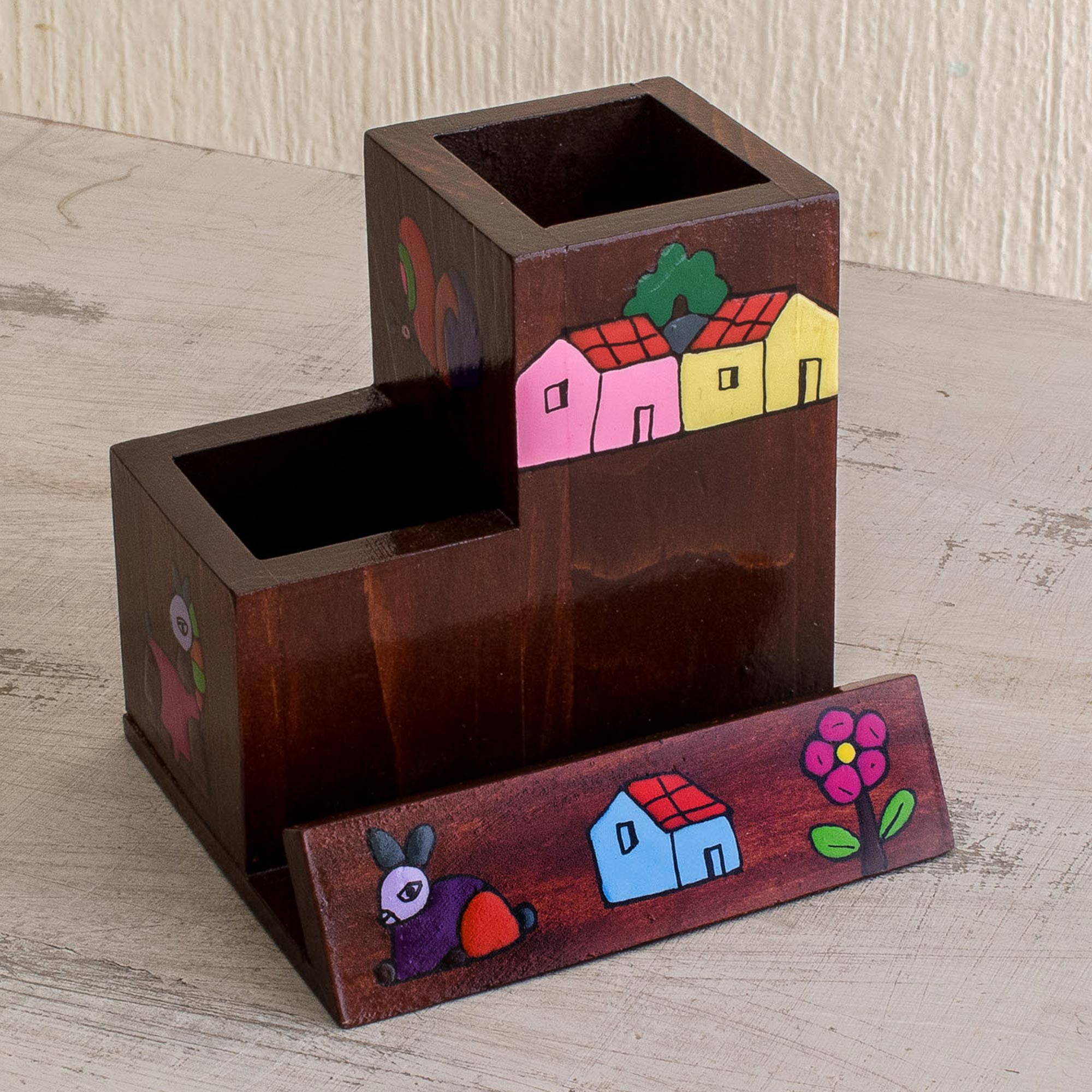 Premium Hand-Painted Pine Desk Organizer - El Salvador Artisan Craft