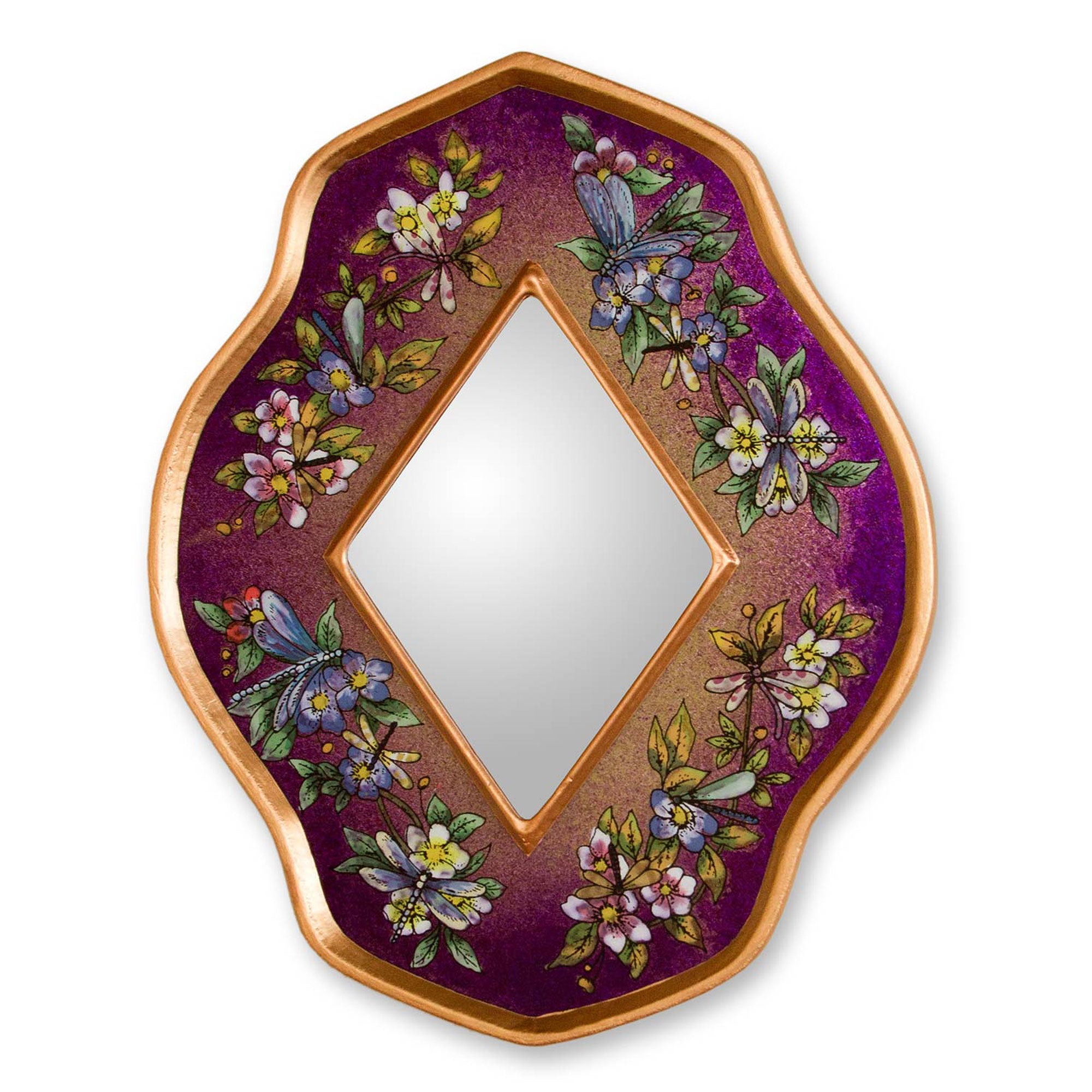 Premium Purple Garden Reverse Painted Glass Wall Mirror - Handcrafted Elegance